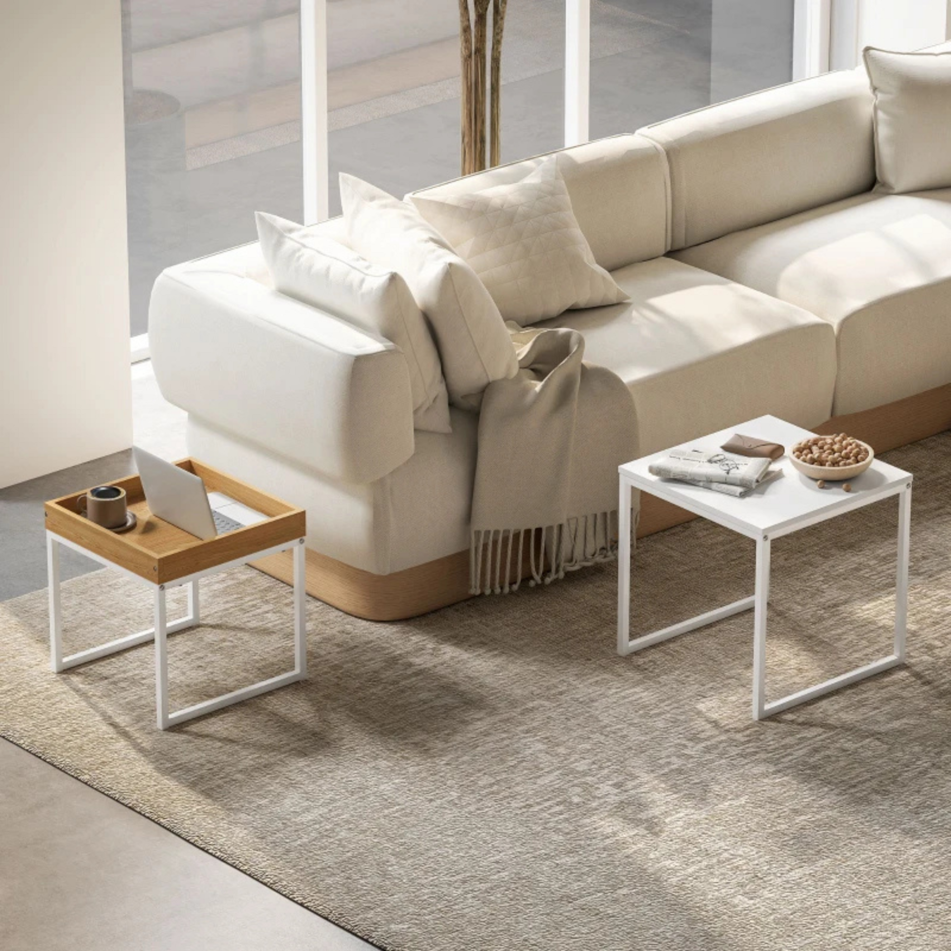 Witte salontafel set van 2 vierkante bijzettafels in modern metaal