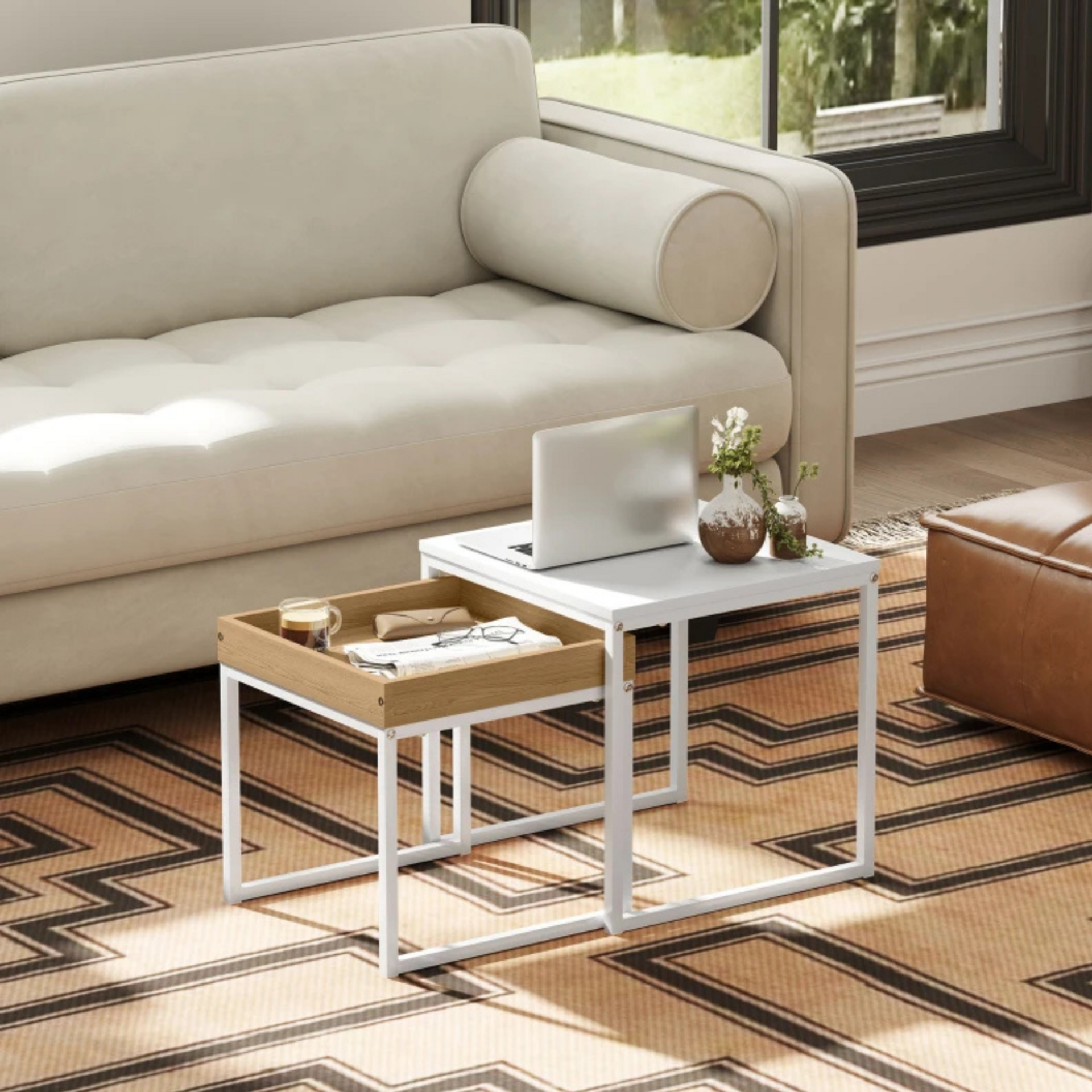 Witte salontafel set van 2 vierkante bijzettafels in modern metaal