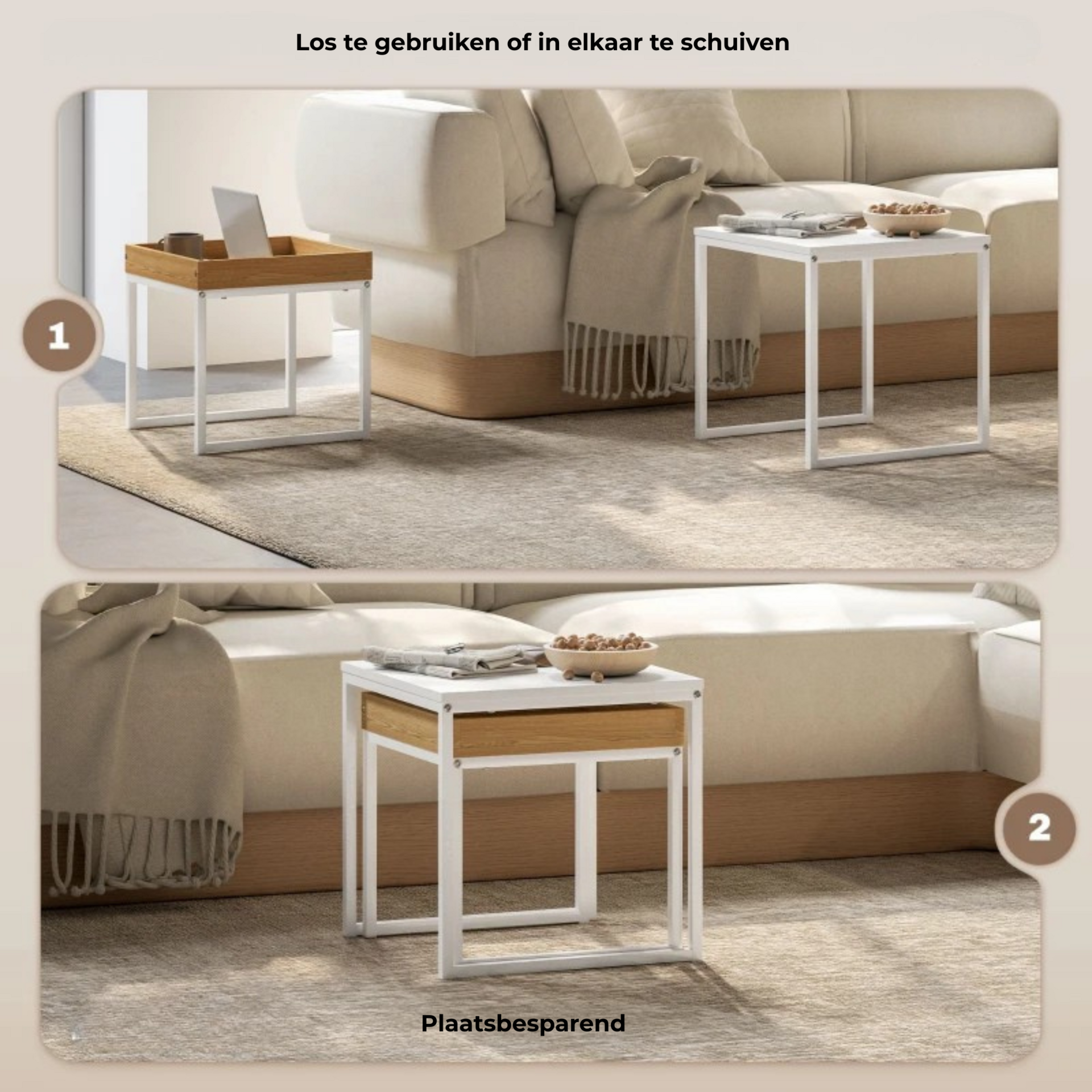 Witte salontafel set van 2 vierkante bijzettafels in modern metaal