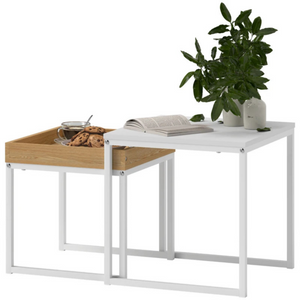 Witte salontafel set van 2 vierkante bijzettafels in modern metaal met strak design en houten blad voor veelzijdig gebruik