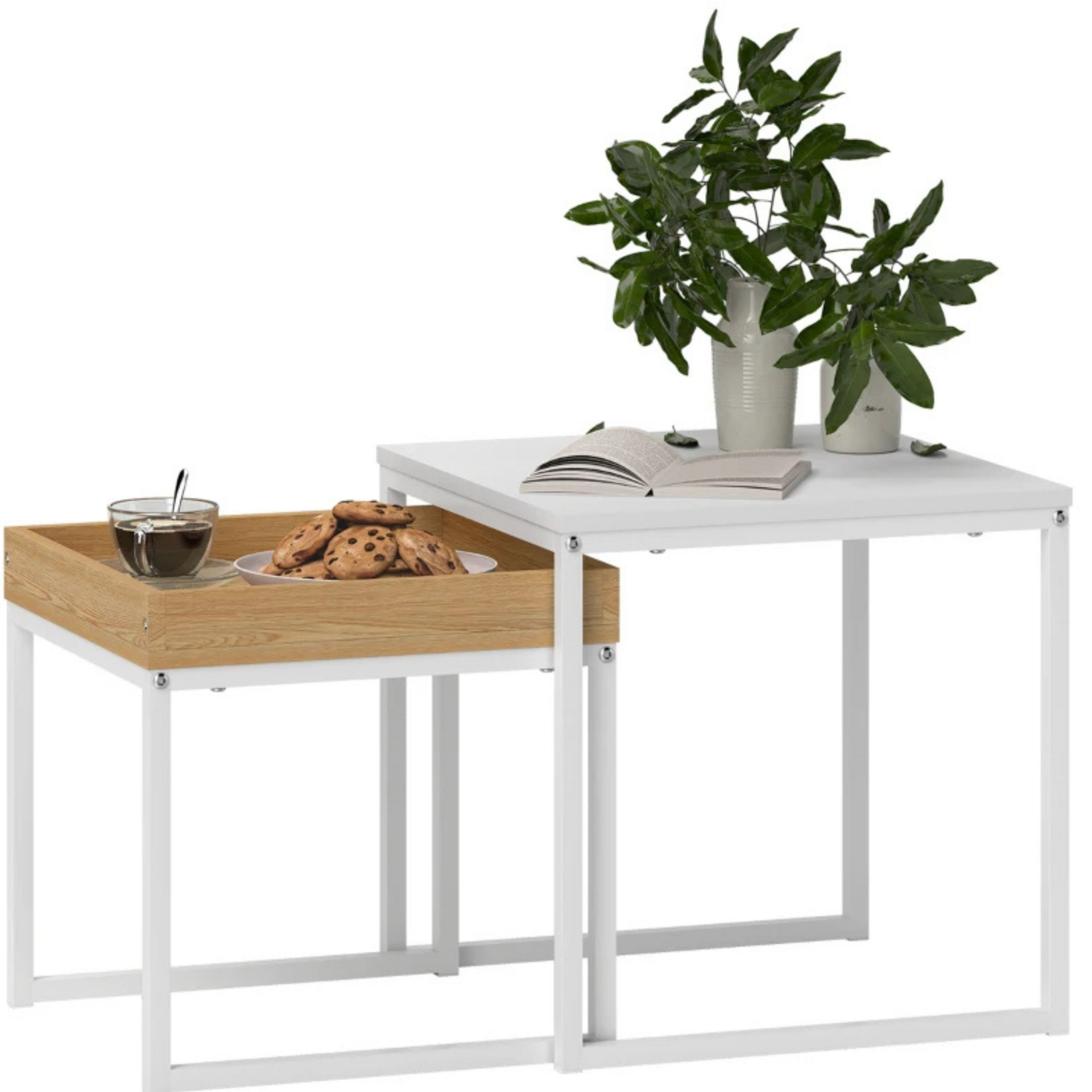 Witte salontafel set van 2 vierkante bijzettafels in modern metaal