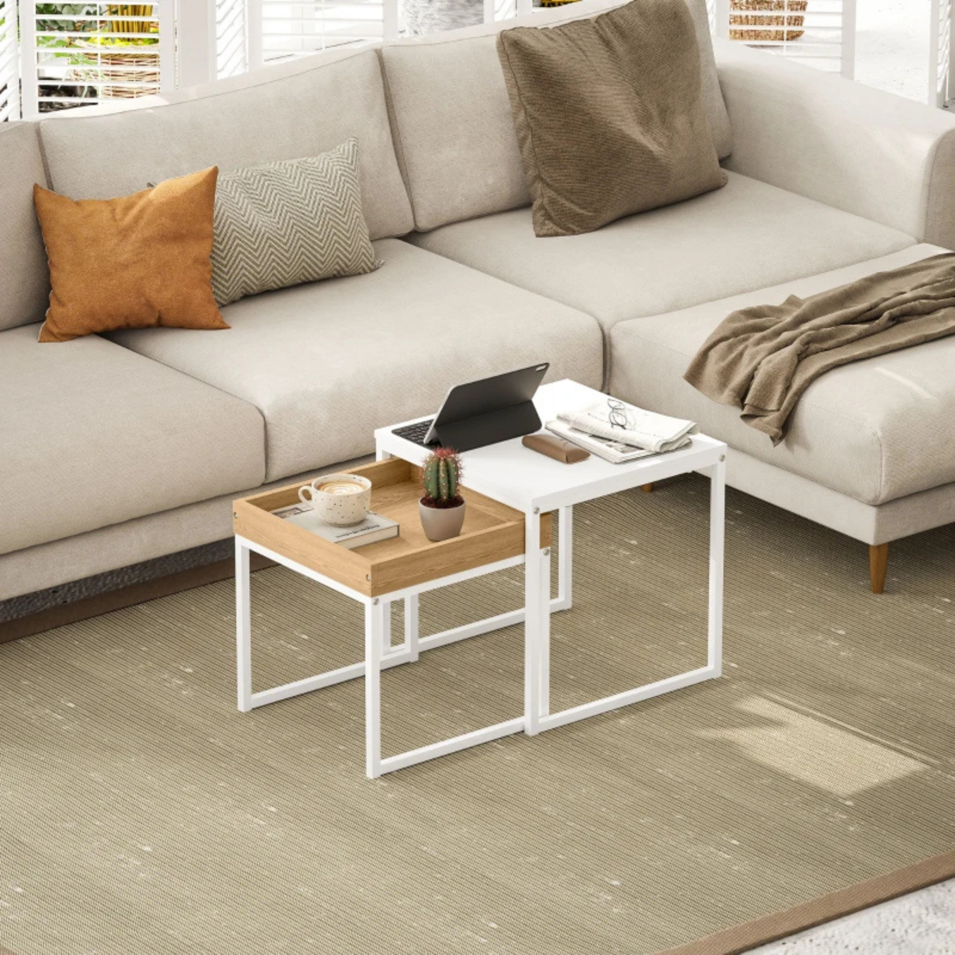Witte salontafel set van 2 vierkante bijzettafels in modern metaal