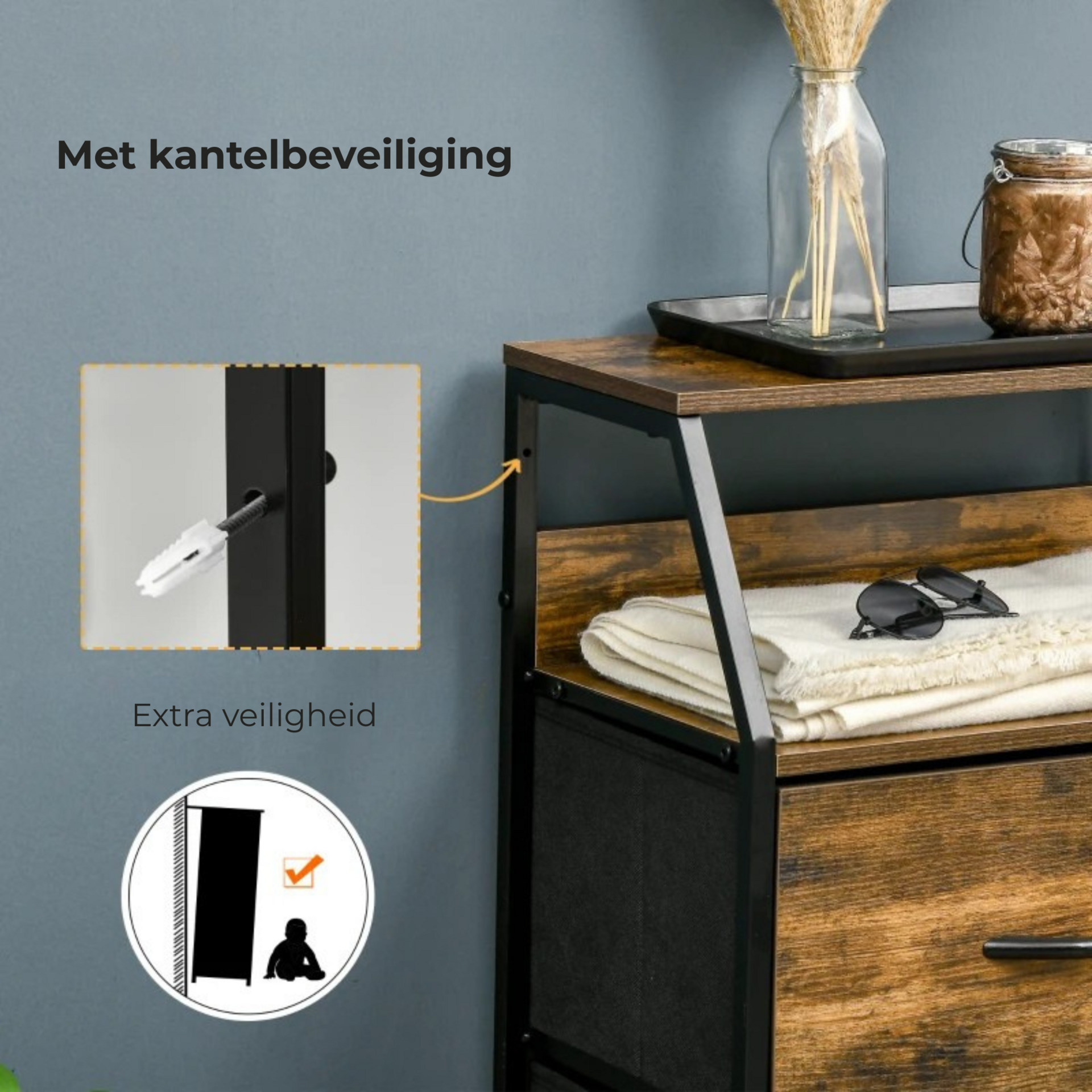 Industriële opbergkast met stoffen lades 92x45x30 cm voor slaapkamer
