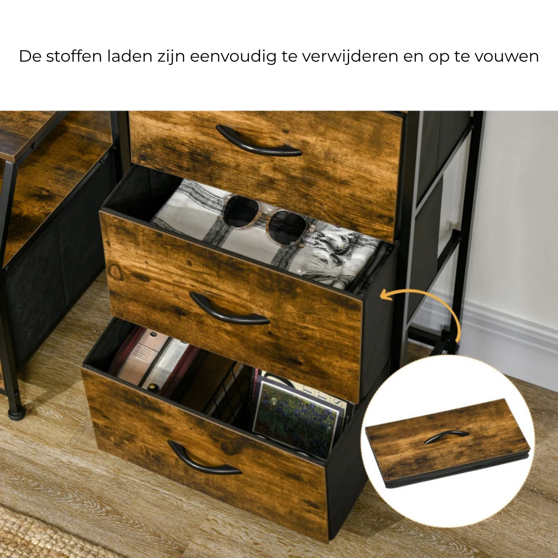 Industriële opbergkast met stoffen lades 92x45x30 cm voor slaapkamer