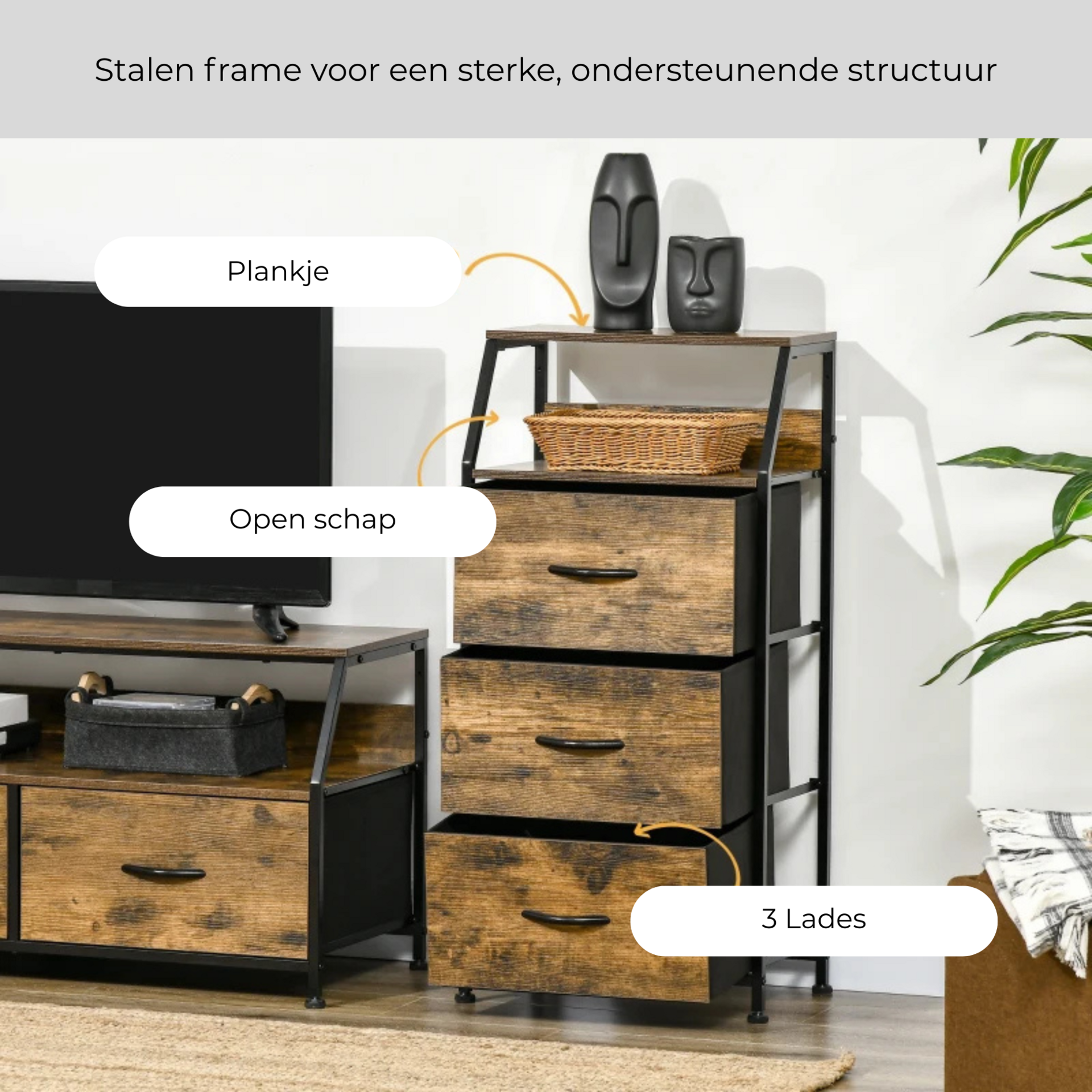 Industriële opbergkast met stoffen lades 92x45x30 cm voor slaapkamer