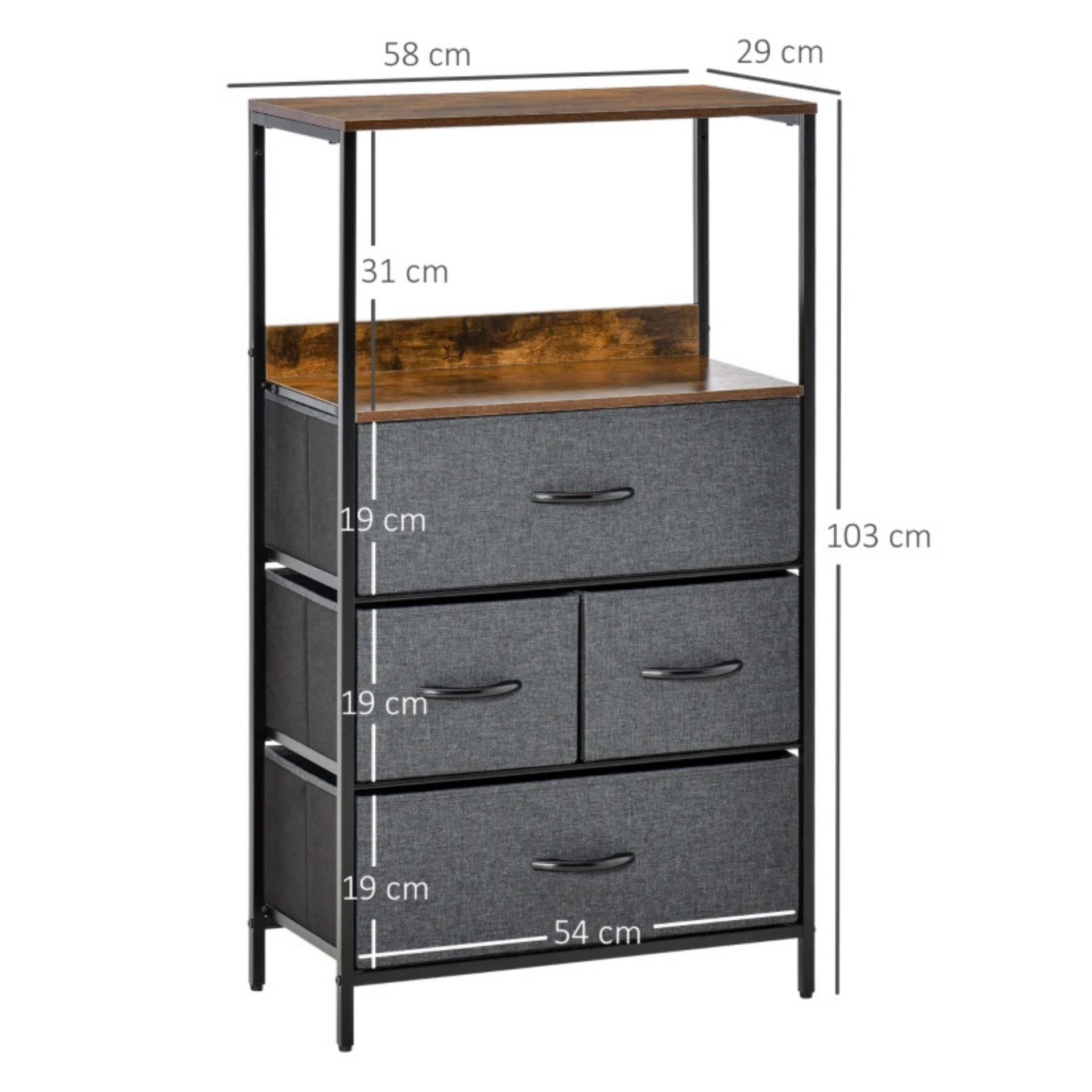 Industriële opbergkast met stoffen lades 58x29x103 cm als dressoir