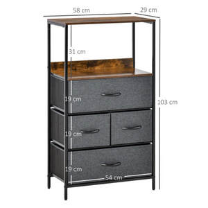 Industriële opbergkast met stoffen lades 58x29x103 cm als dressoir met stevig metalen frame en houtkleurig bovenblad