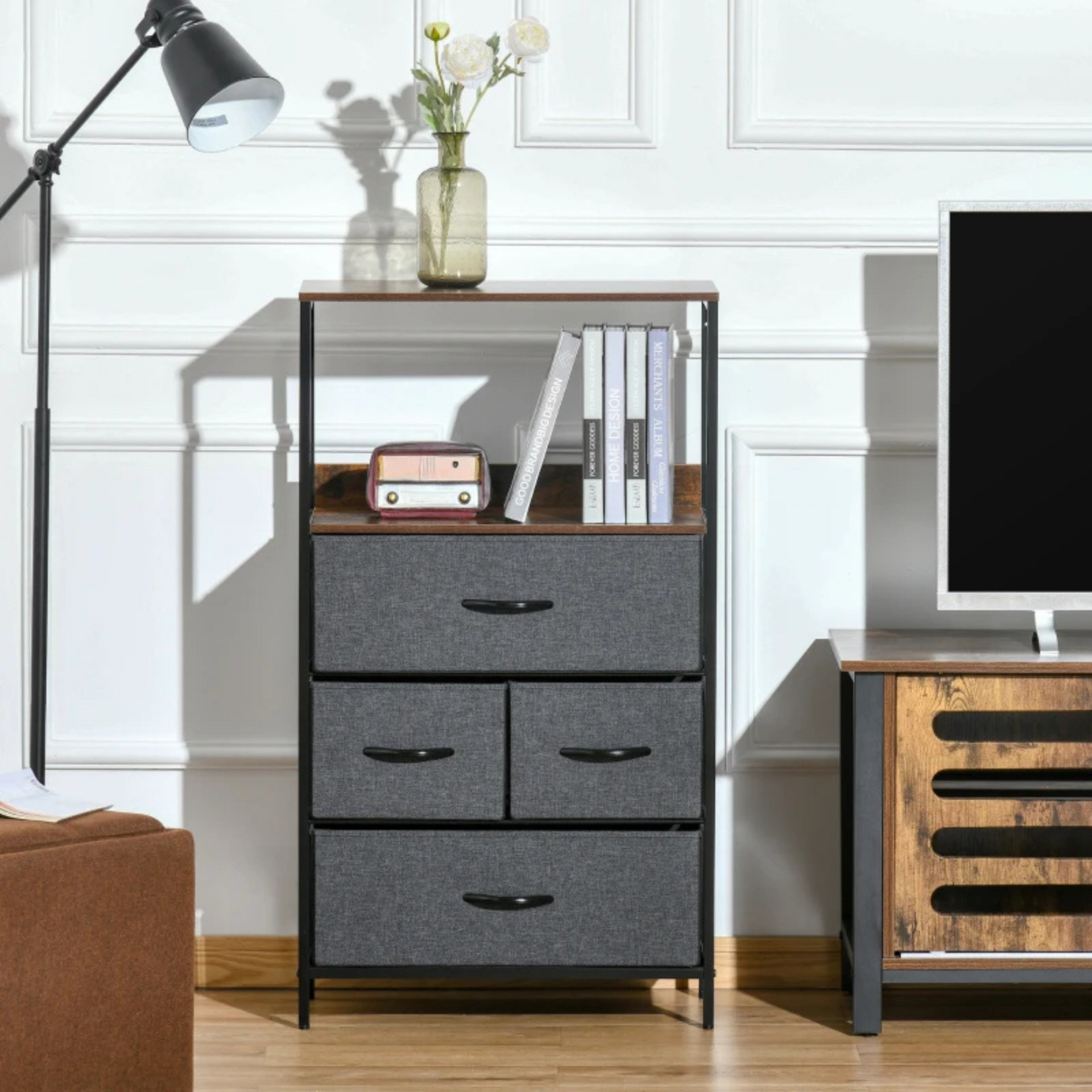 Industriële opbergkast met stoffen lades 58x29x103 cm als dressoir