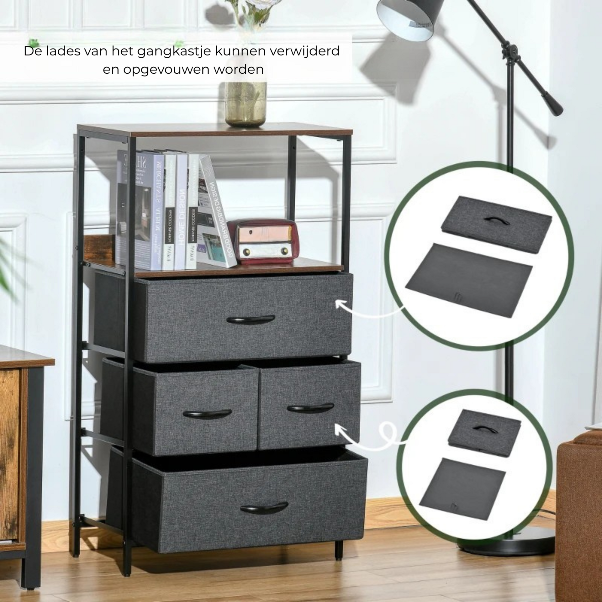 Industriële opbergkast met stoffen lades 58x29x103 cm als dressoir