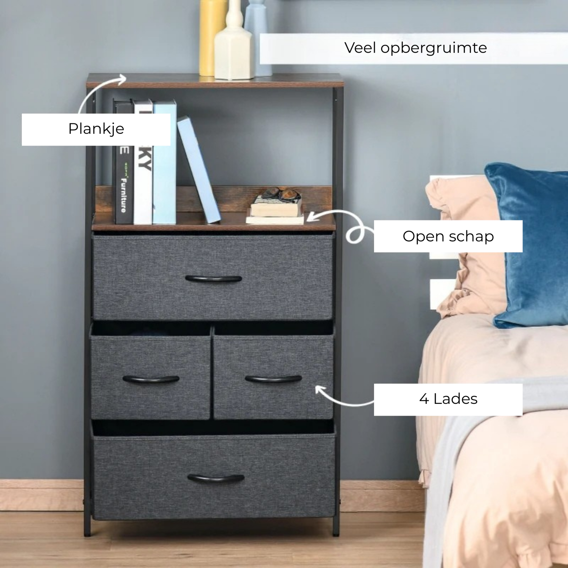 Industriële opbergkast met stoffen lades 58x29x103 cm als dressoir