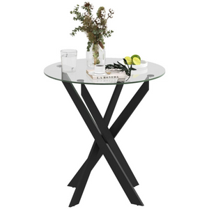 Glazen eetkamertafel zwart voor 4 personen als moderne eettafel met rond glasblad en kruispoot design