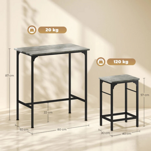 Grijze industriële bartafel met barstoelen complete eettafel set met robuust metalen frame en compact formaat
