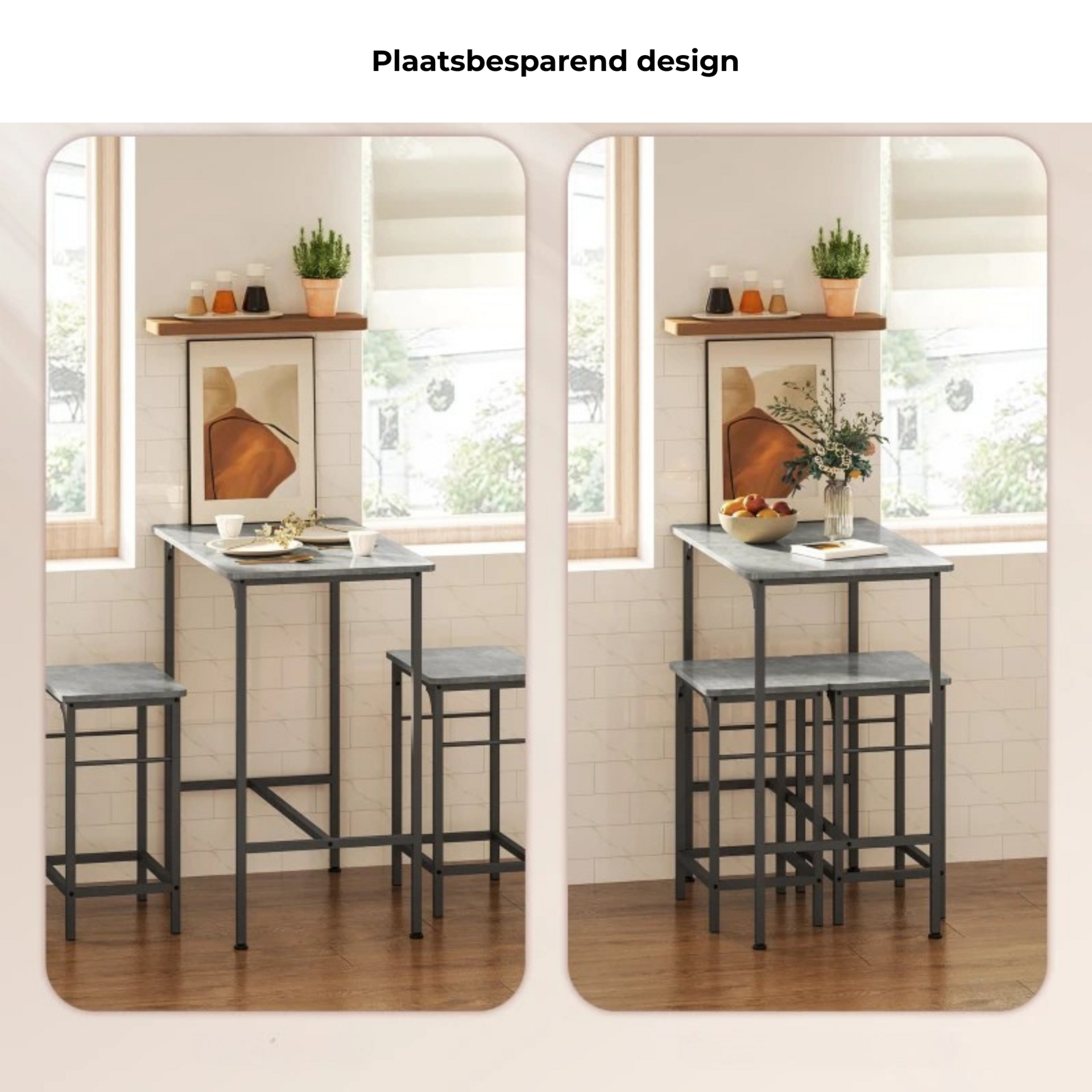 Grijze industriële bartafel met barstoelen complete eettafel set