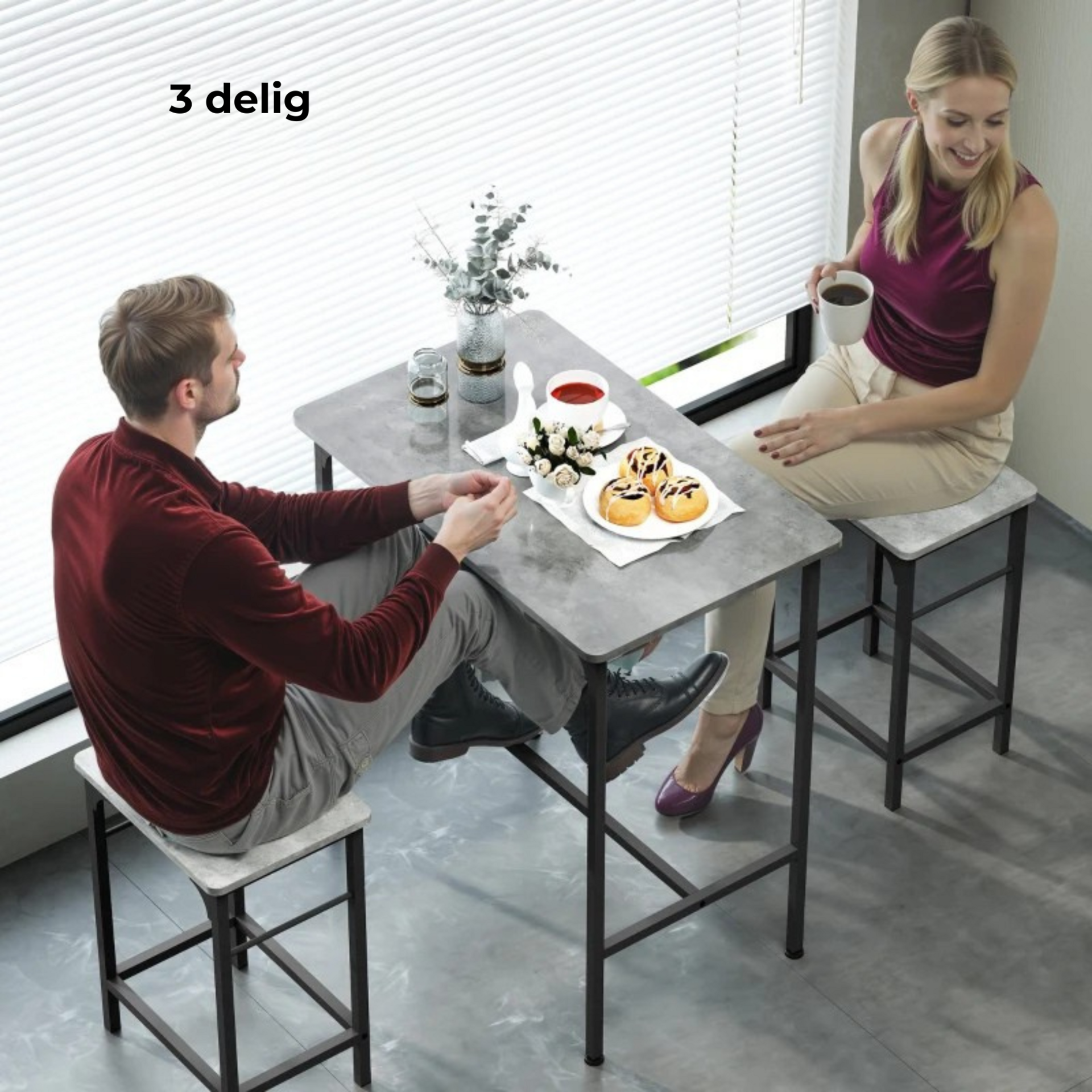 Grijze industriële bartafel met barstoelen complete eettafel set