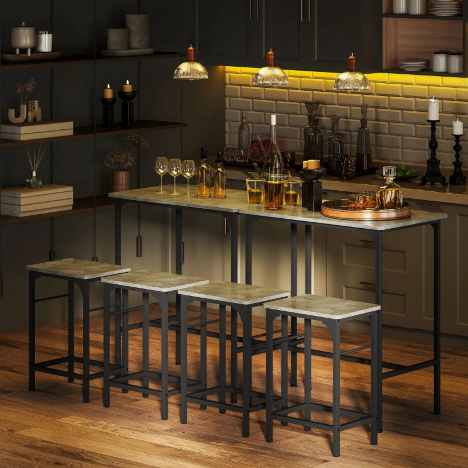Grijze industriële bartafel met barstoelen complete eettafel set