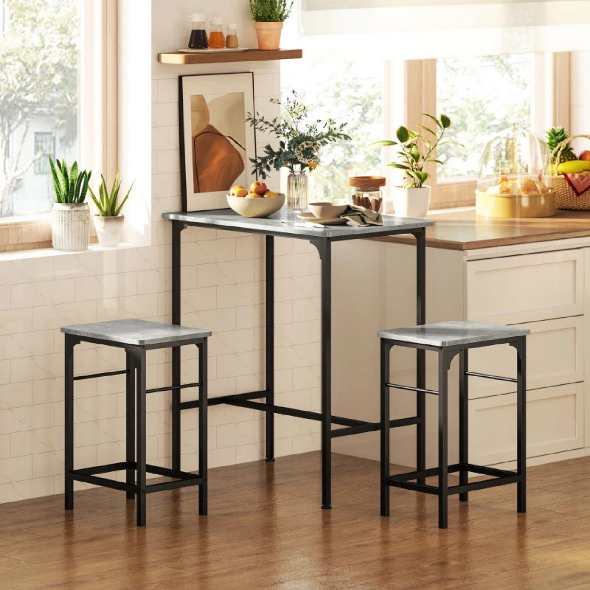 Grijze industriële bartafel met barstoelen complete eettafel set