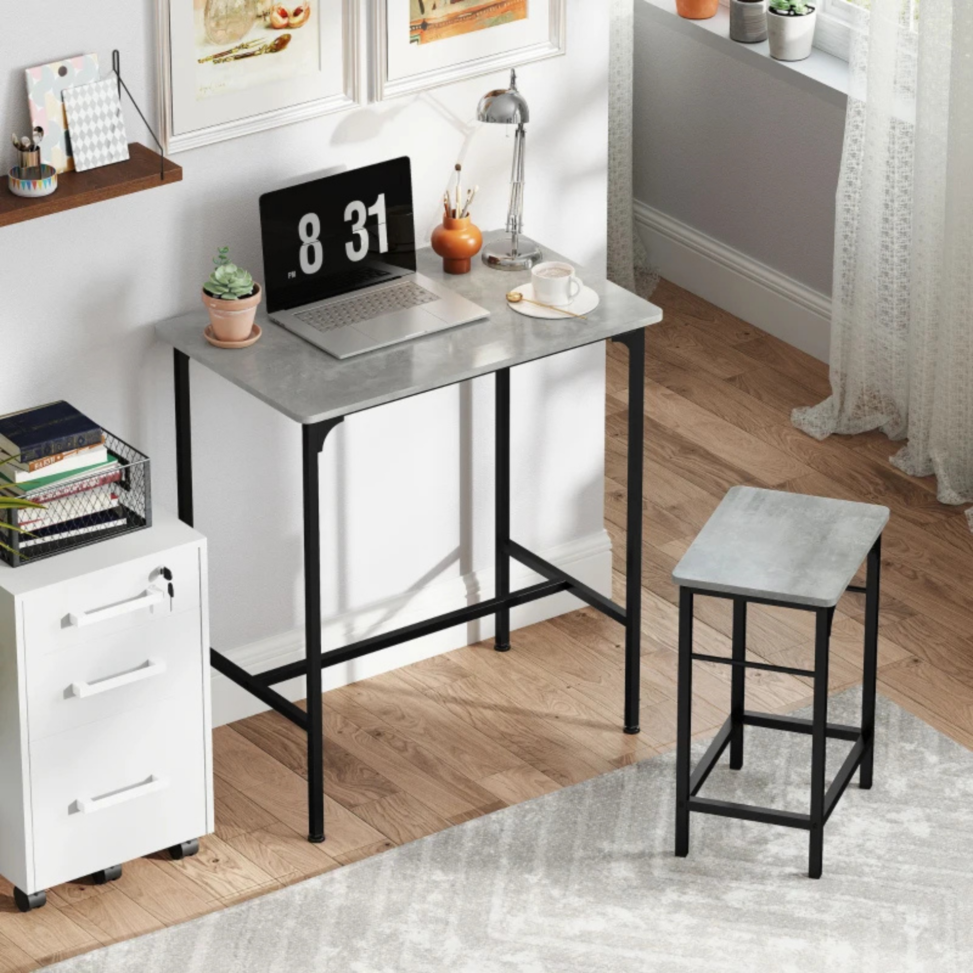 Grijze industriële bartafel met barstoelen complete eettafel set