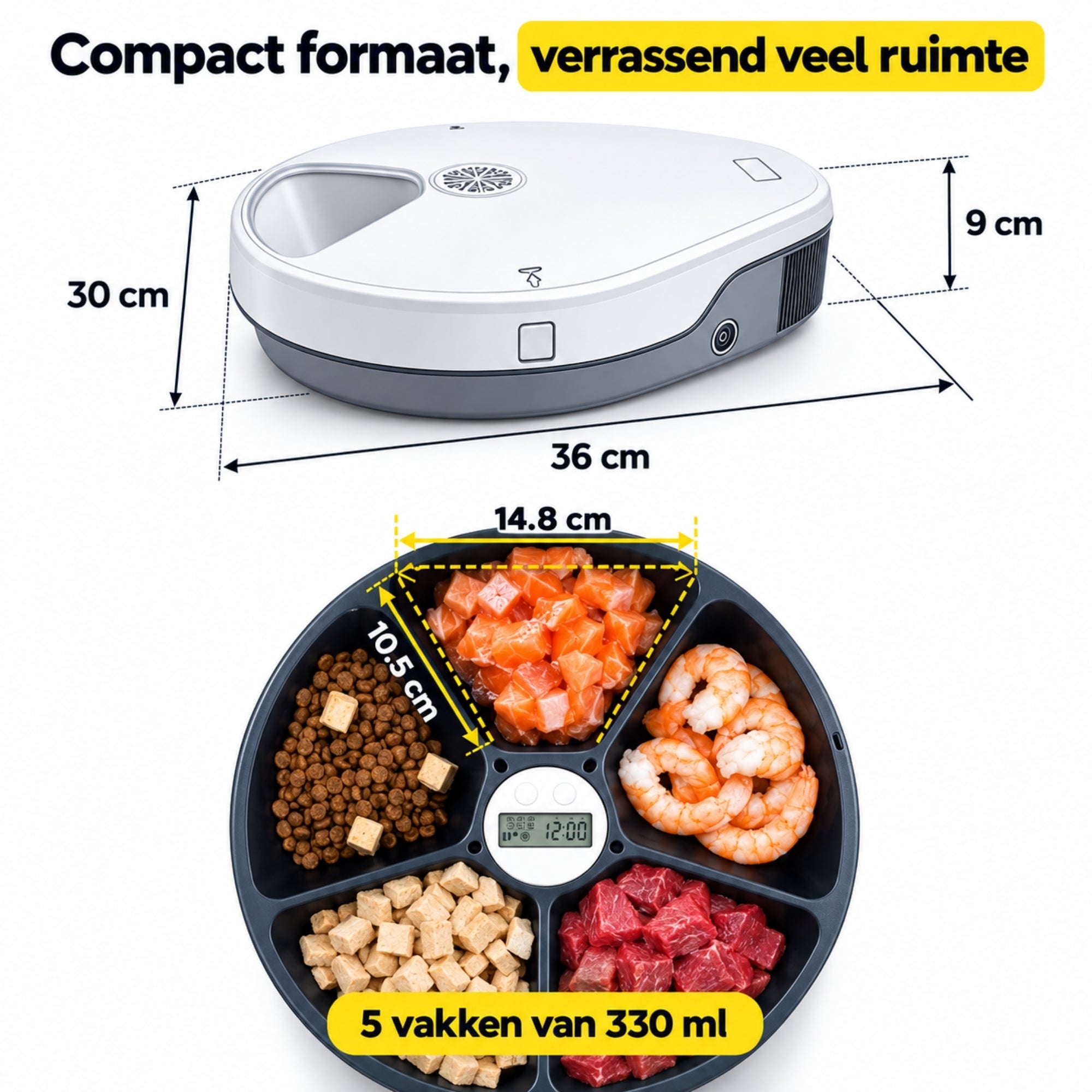 UBpet F10 automatische voerbak – met koeling en 5 compartimenten en afmetingen 36x30x9 cm weergegeven.