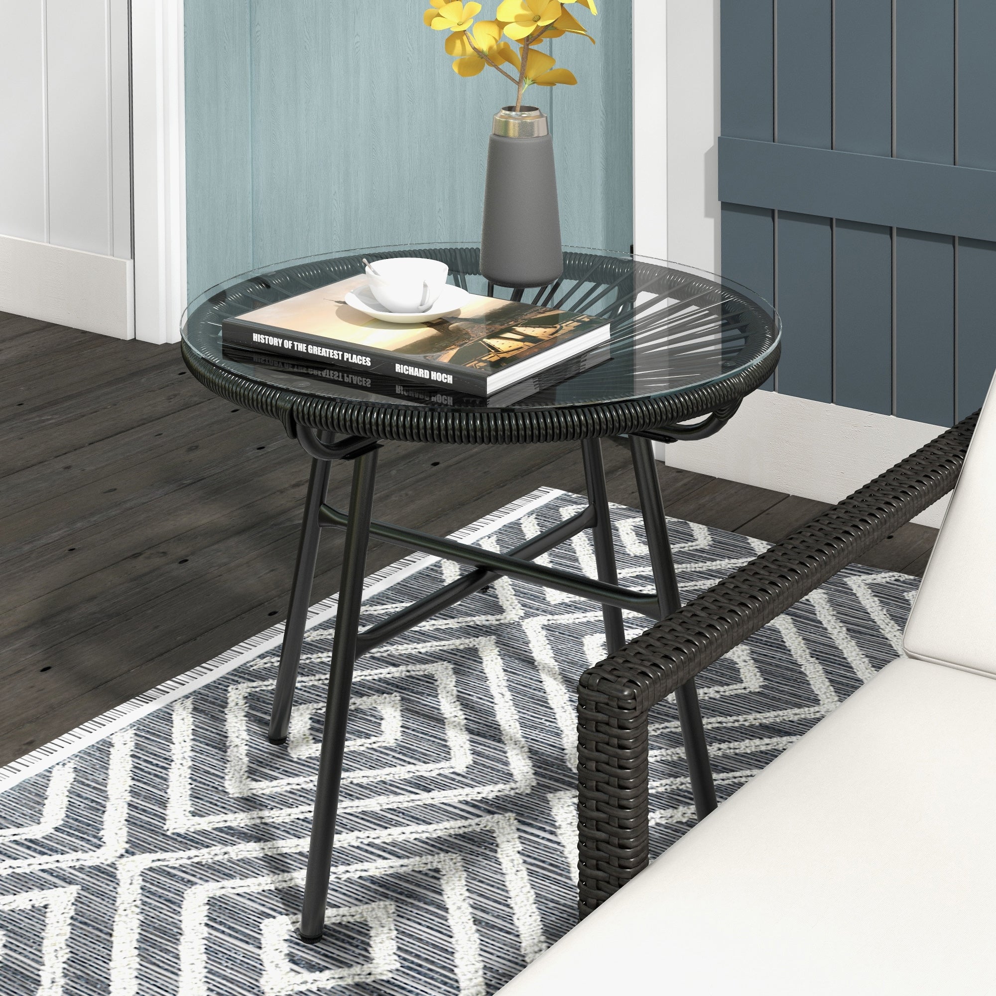 Ronde boho tuintafel zwart – 50×50×50 cm bijzettafel voor buiten