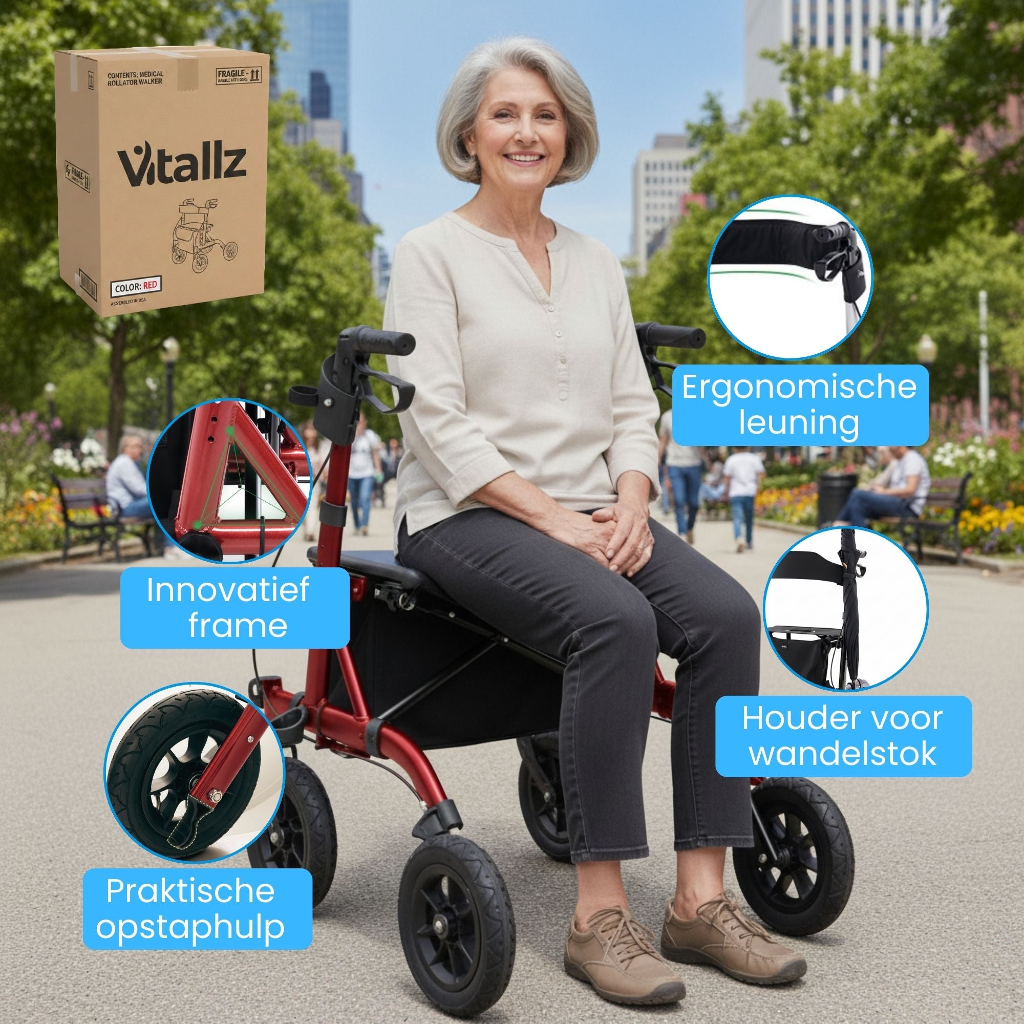 Rollator met all-terrain luchtbanden en comfortabele zitfunctie rood met ergonomische leuning en praktische opstap voor veiligheid