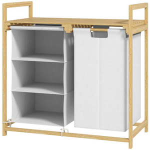 Bamboe wasmand met waszak 70x36x70 cm badkamerkast met opbergrek van licht hout en ademende stoffen zakken