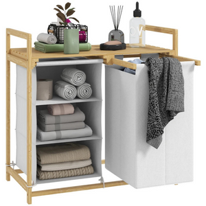 Bamboe wasmand met waszak 70x36x70 cm badkamerkast met opbergrek en uitneembare ademende waszakken in natuurlijke uitstraling