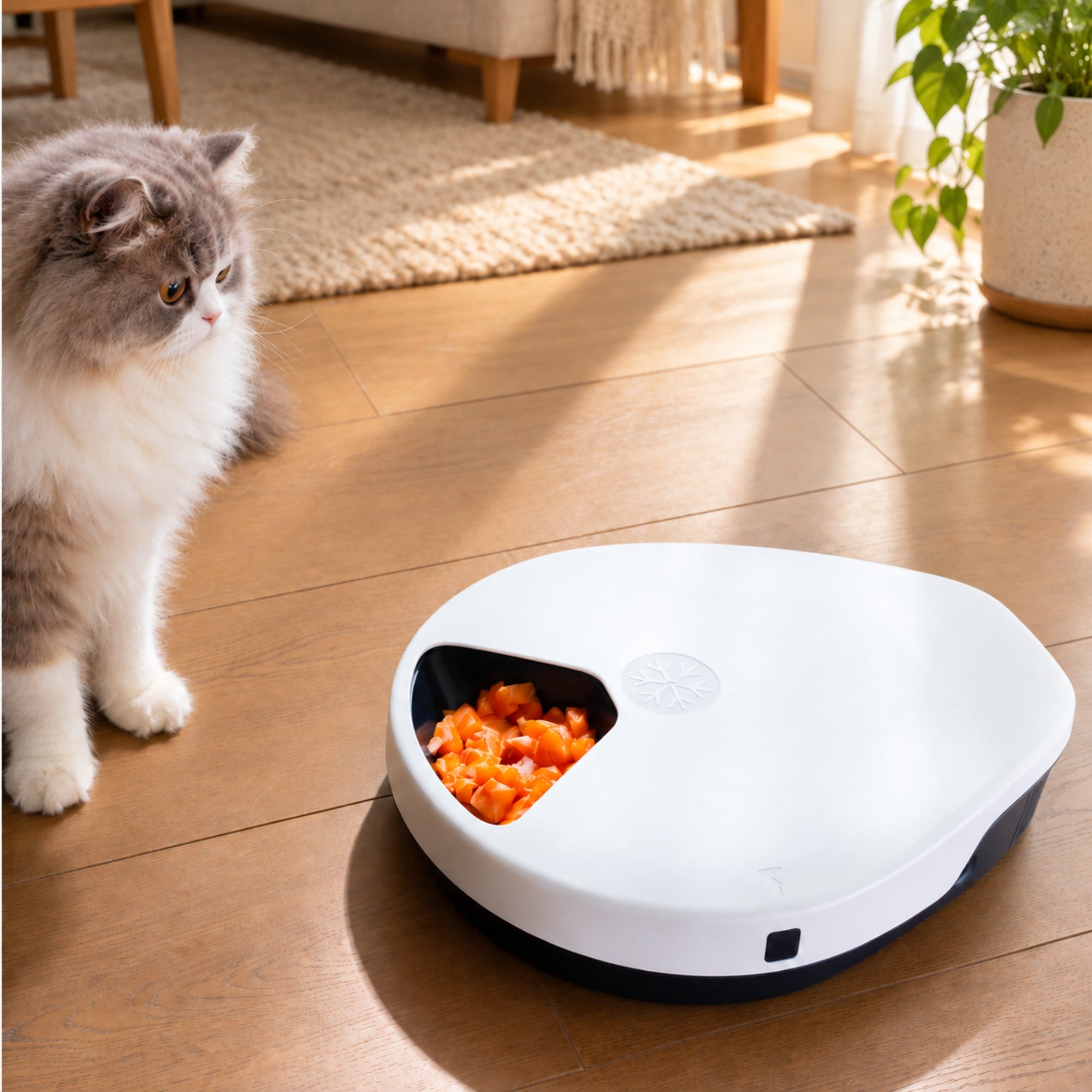 Kat kijkt naar UBpet F10 automatische voerbak – met koeling en 5 compartimenten gevuld met vers eten op houten vloer.