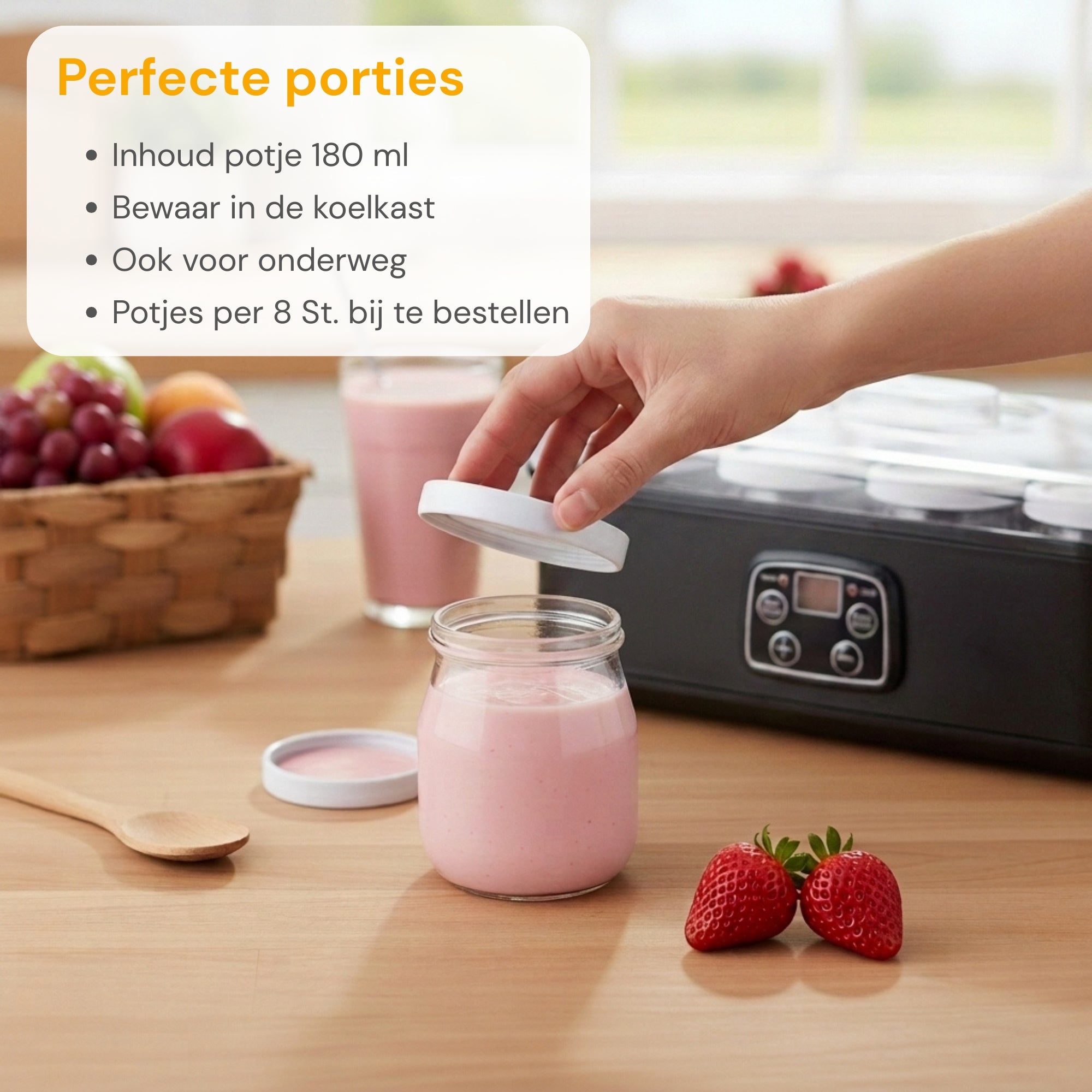 Yoghurtmaker van RVS Antraciet – met 8 glazen potten voor verse huisgemaakte yoghurt | Zenzee (kopie) met potje van 180 ml, eenvoudig te openen en handig voor onderweg.