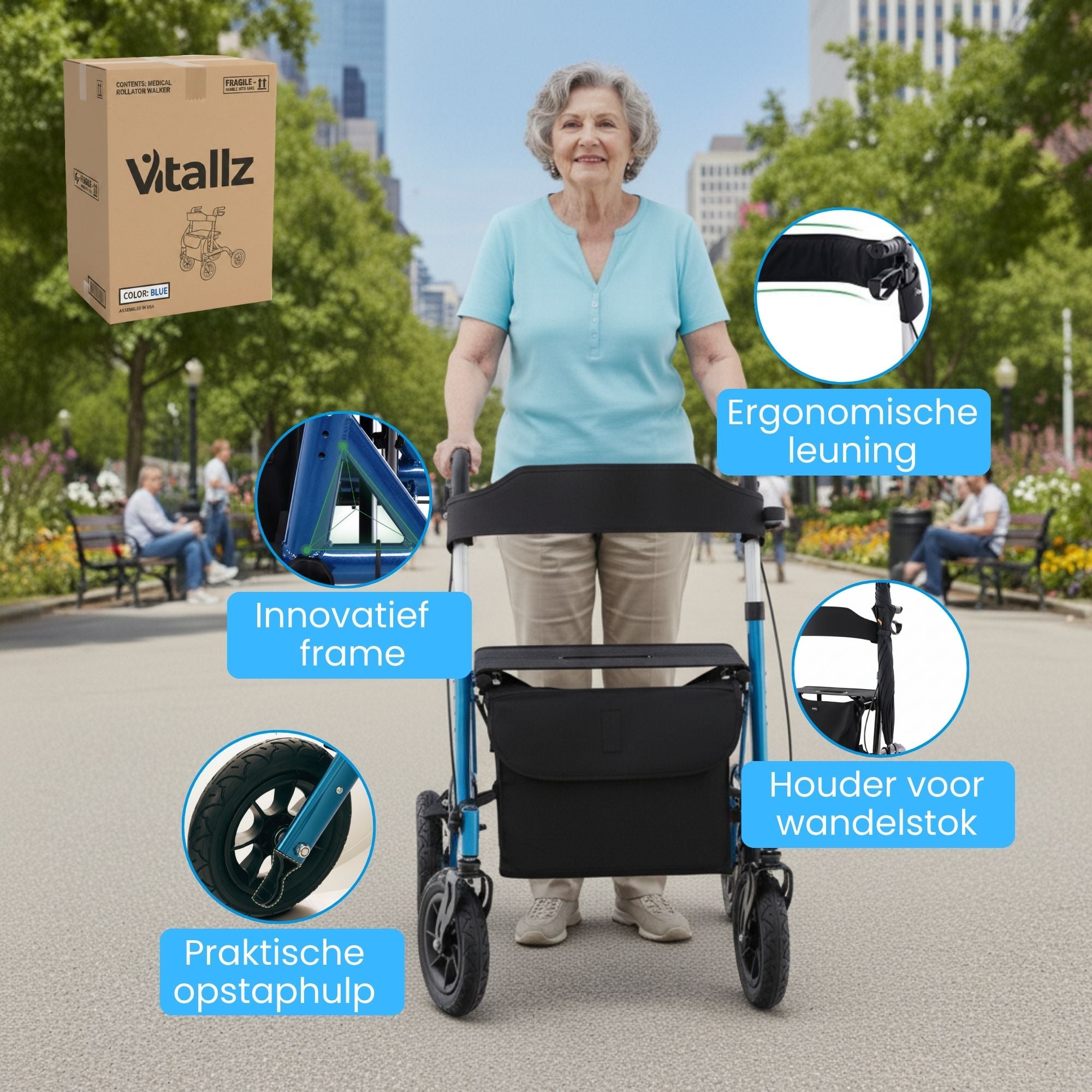 Rollator met all-terrain luchtbanden en comfortabele zitfunctie blauw voor stabiel en gemakkelijk bewegen binnen en buiten