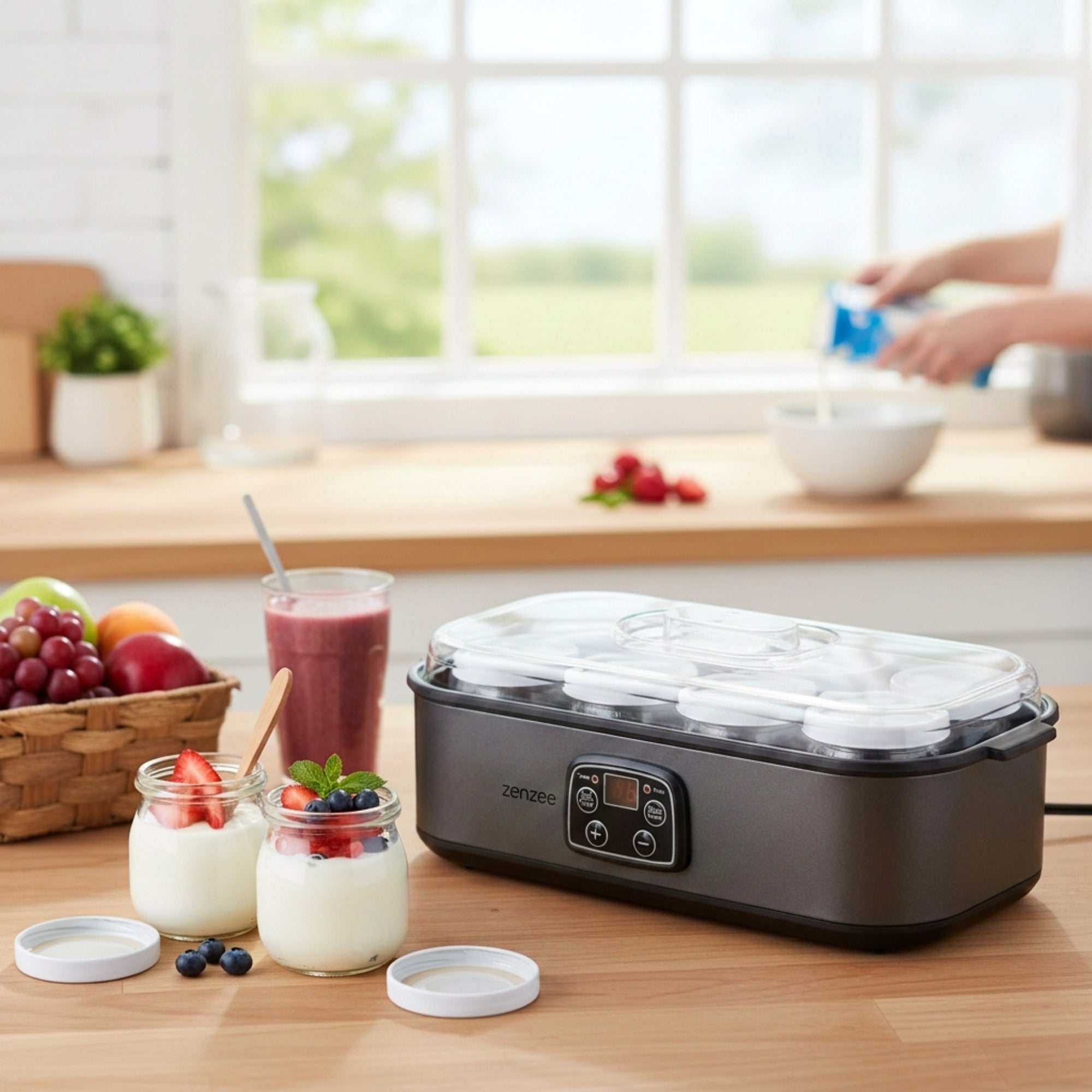 Yoghurtmaker van RVS Antraciet – met 8 glazen potten voor verse huisgemaakte yoghurt | Zenzee (kopie) in een lichte keuken, met glazen potjes yoghurt en fruit erop.