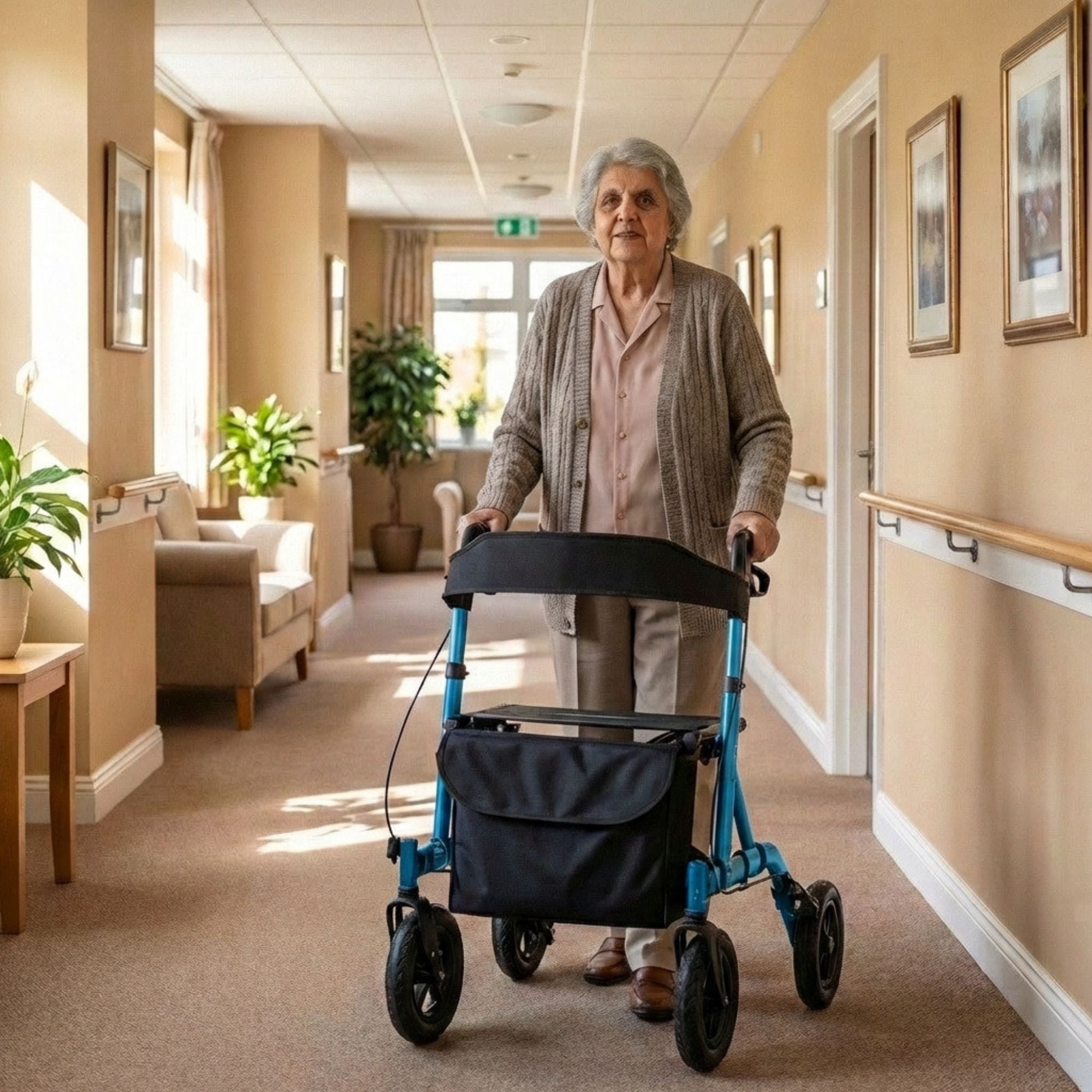 Rollator met all-terrain luchtbanden en comfortabele zitfunctie blauw voor veilig en stabiel bewegen binnen en buitenhuis
