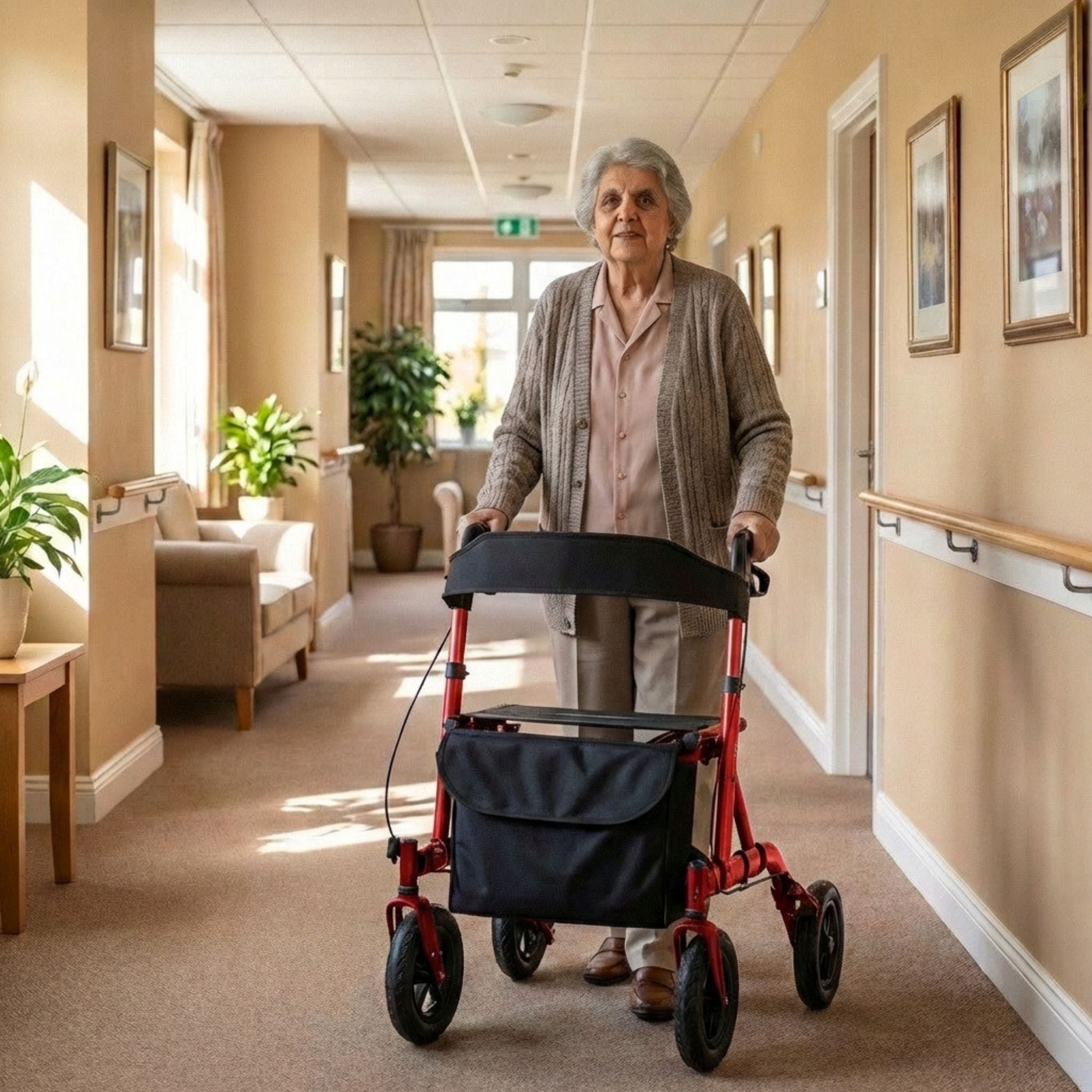 Rollator met all-terrain luchtbanden en comfortabele zitfunctie rood voor veilig en stabiel bewegen binnen en buiten