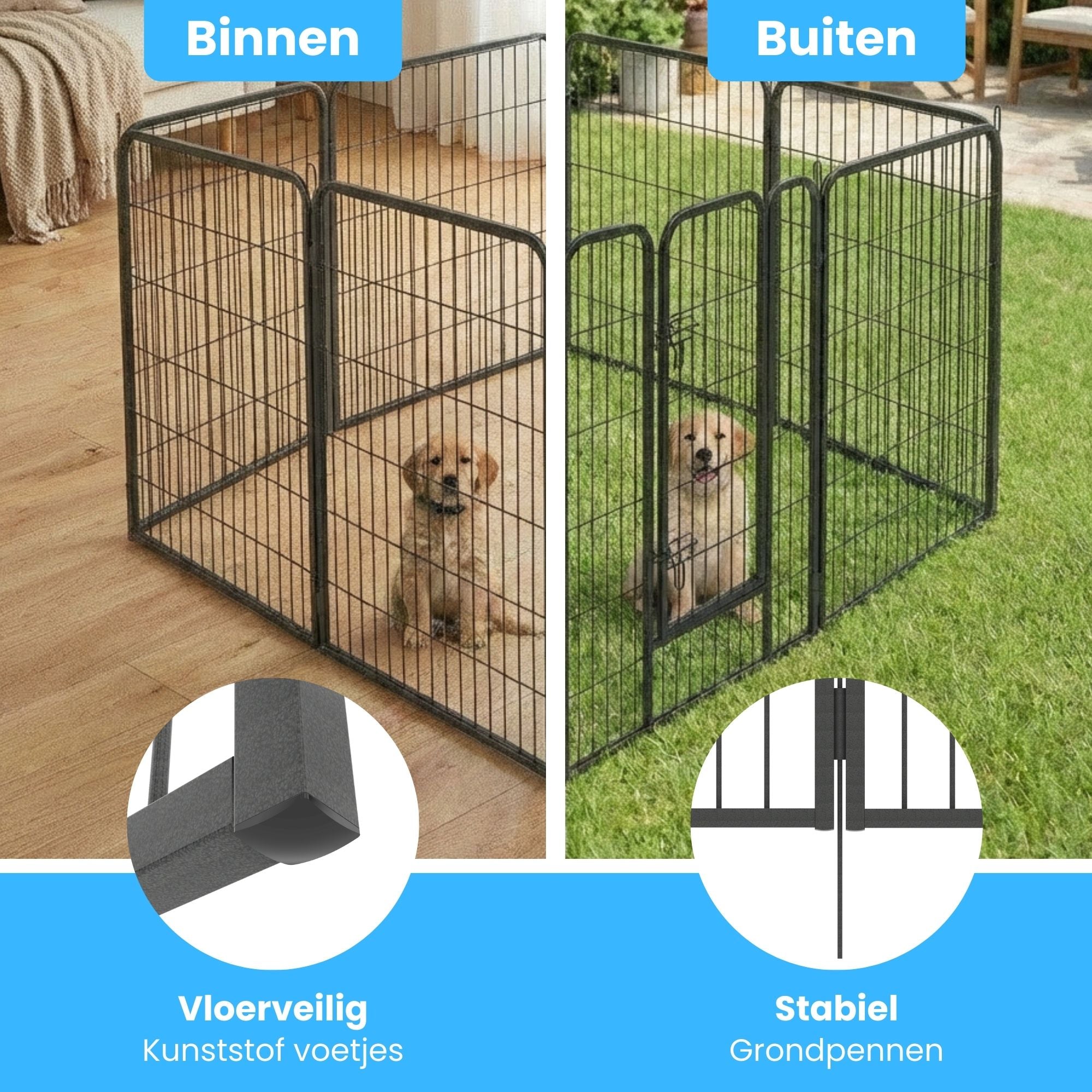 Ruime stalen puppyren van 80 cm hoog XL – ideaal als ruime hondenren of kennel | Zenzee, geschikt voor binnen en buiten met veilige voeten en grondpennen