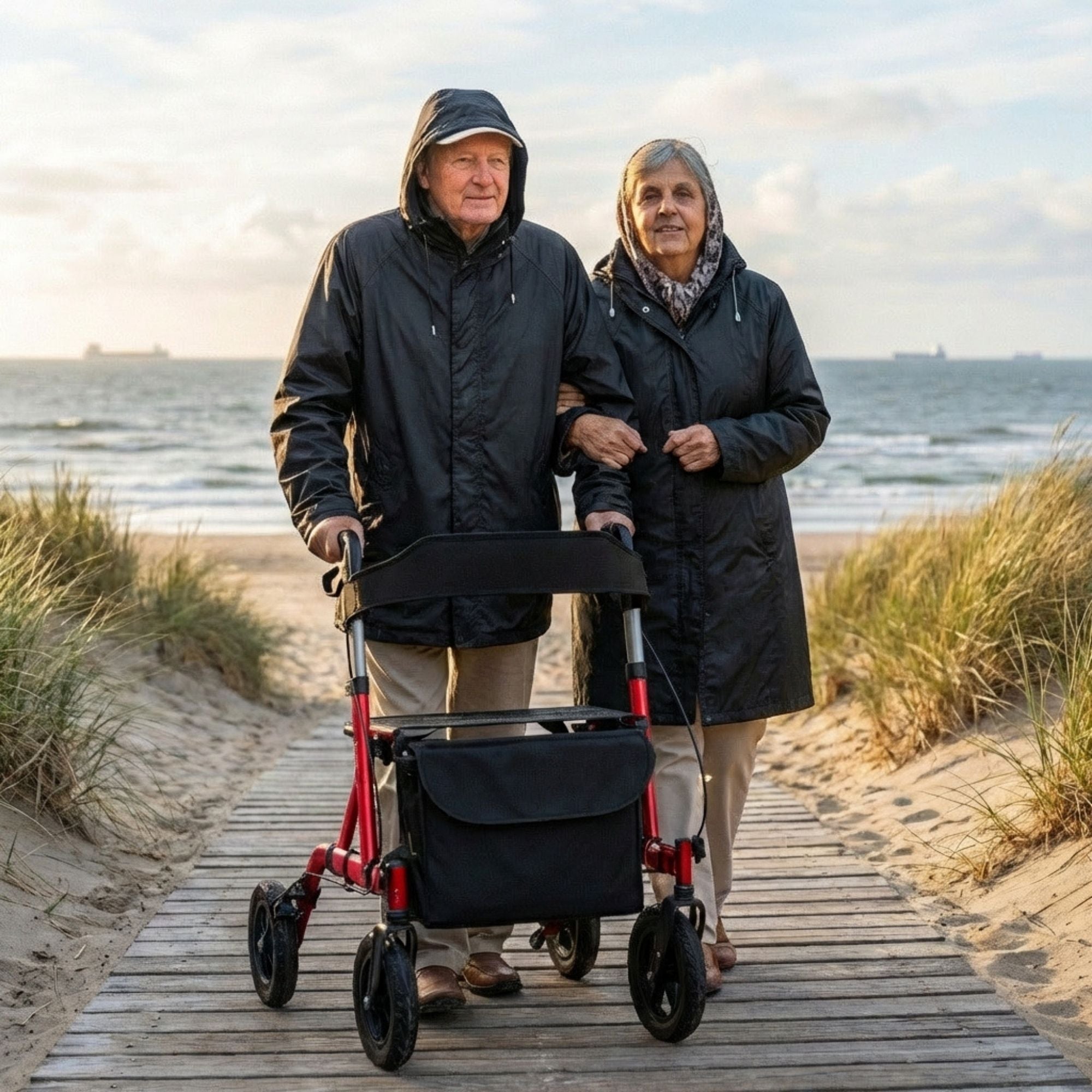 Rollator met all-terrain luchtbanden en comfortabele zitfunctie rood voor stabiel en veilig wandelen buiten en stranden