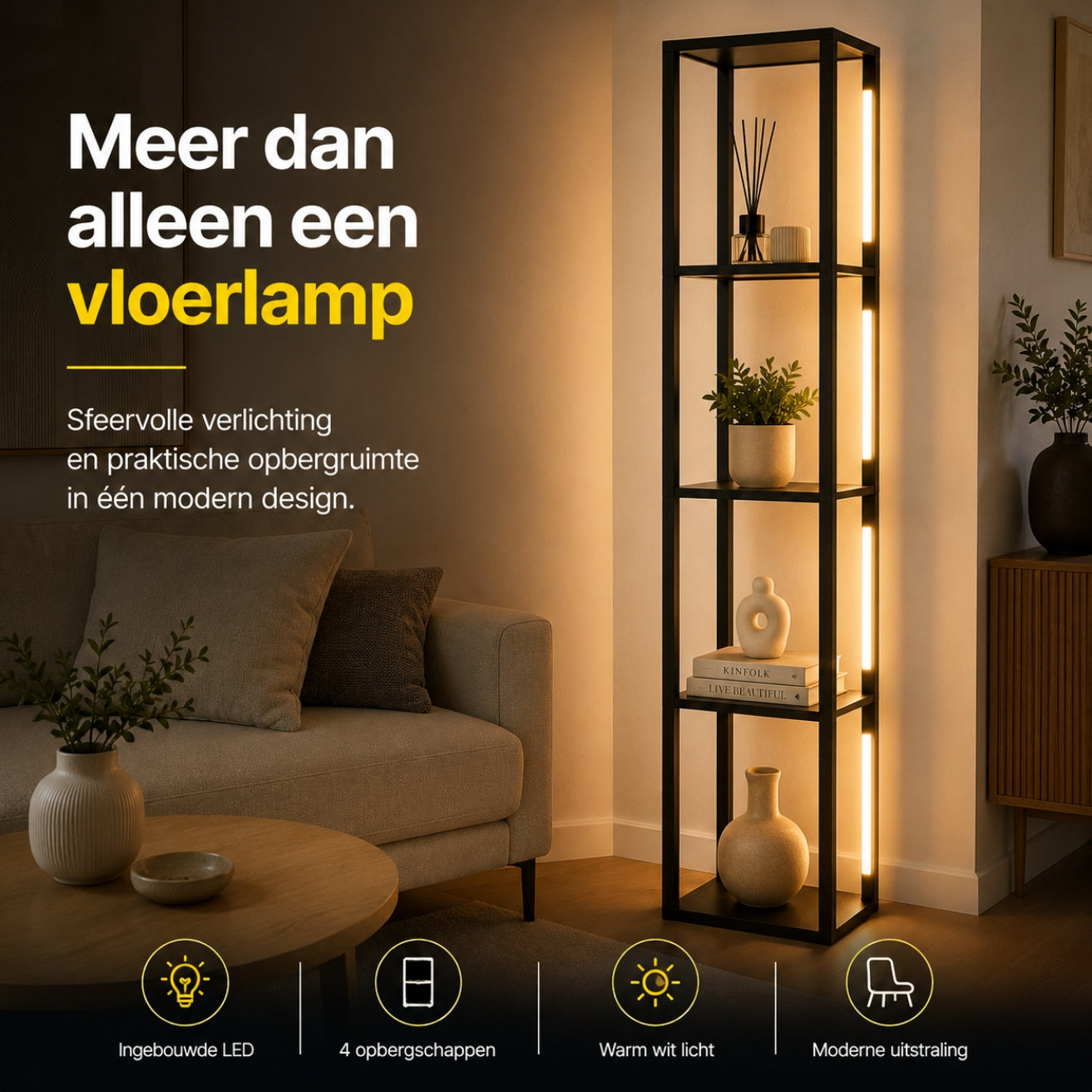 Zwarte vloerlamp met LED-verlichting en geïntegreerde opbergruimte – 29×29×163 cm | Zenzee