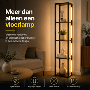 Zwarte vloerlamp met LED-verlichting en geïntegreerde opbergruimte – 29×29×163 cm | Zenzee