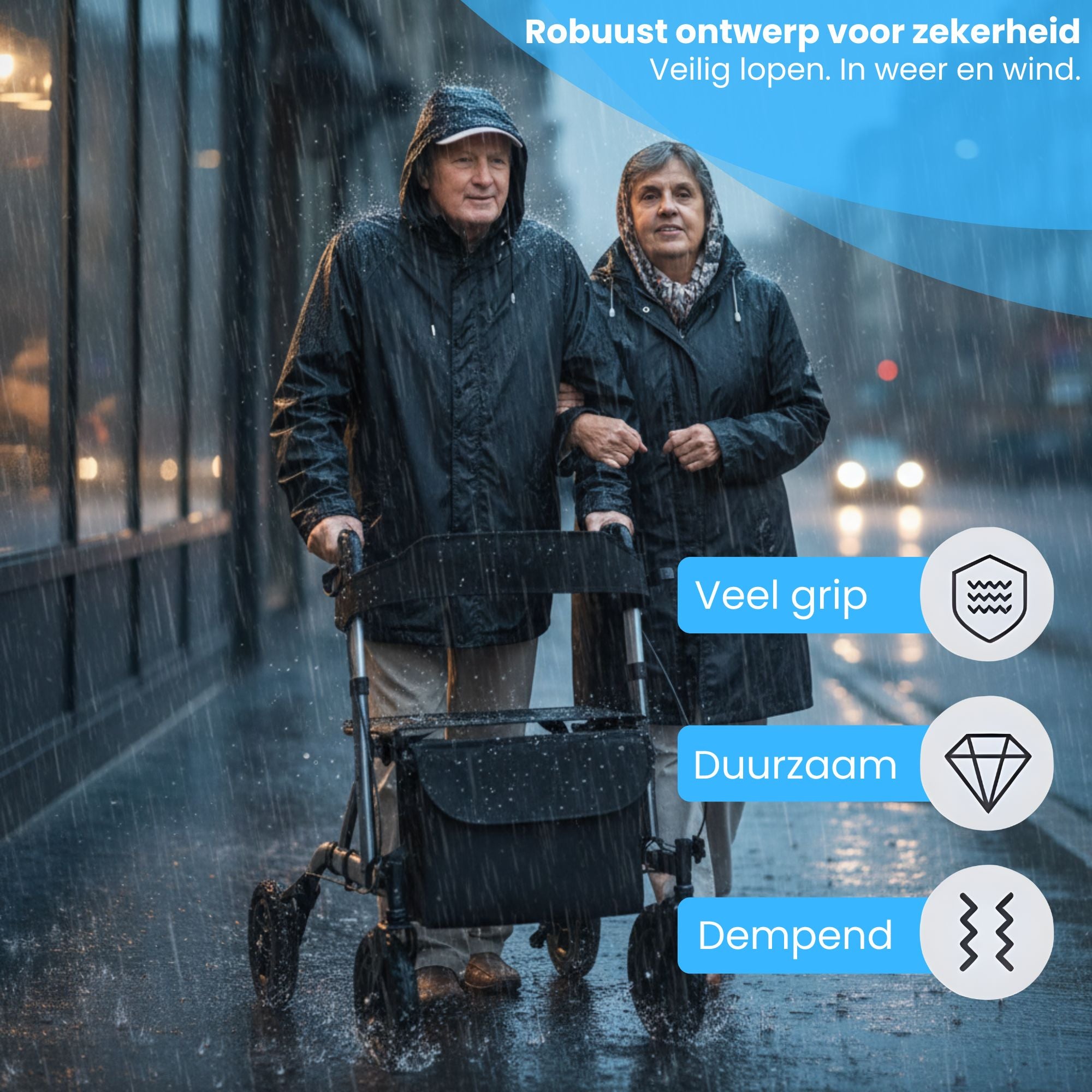 Rollator met all-terrain luchtbanden en comfortabele zitfunctie zwart voor stabiel en veilig lopen bij alle weersomstandigheden