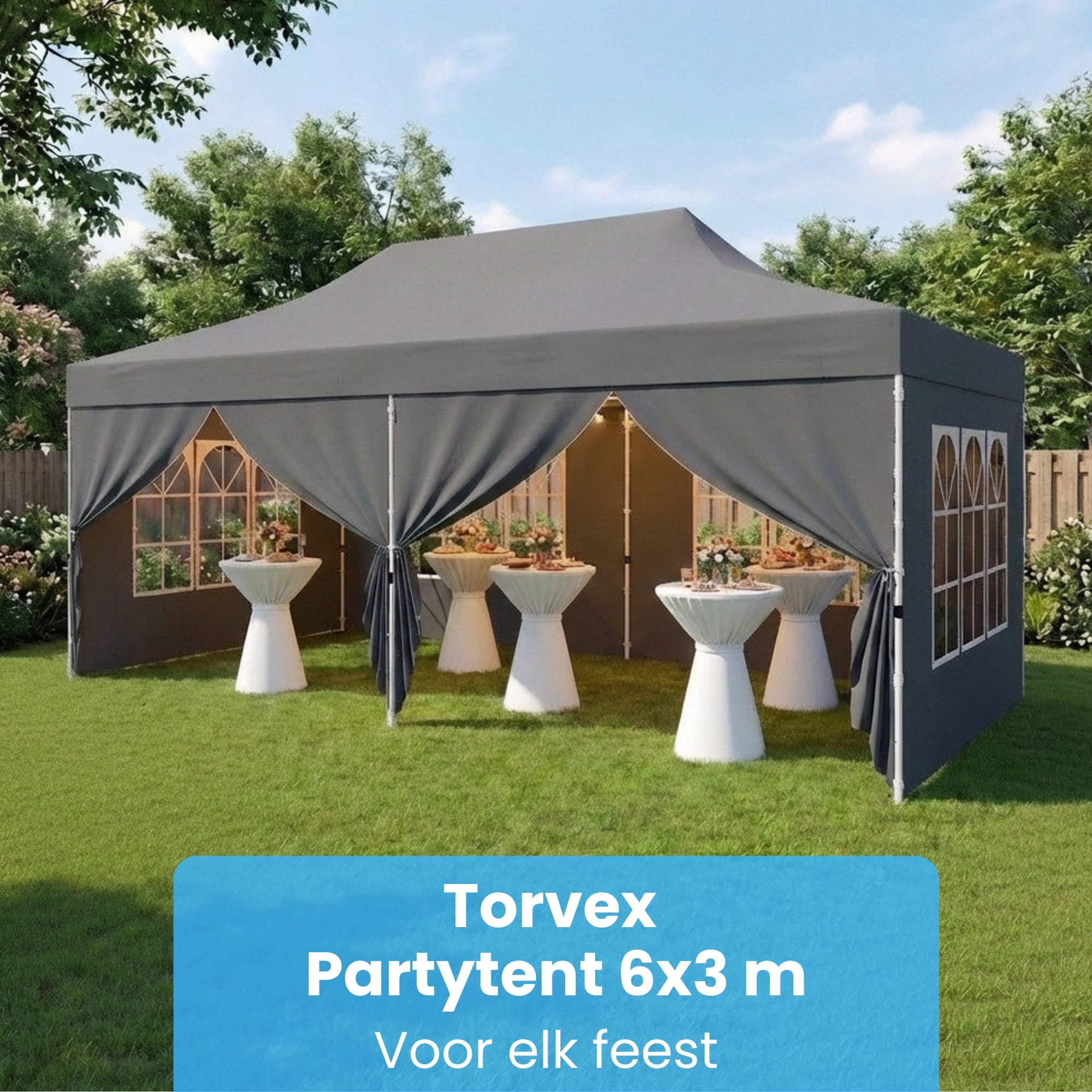 Grijze partytent tuinpaviljoen opvouwbaar 6x3m – waterdicht met zijwanden en zandzakken voor beschutte buitenruimte
