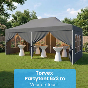 Grijze partytent tuinpaviljoen opvouwbaar 6x3m – waterdicht met zijwanden en zandzakken voor beschutte buitenruimte
