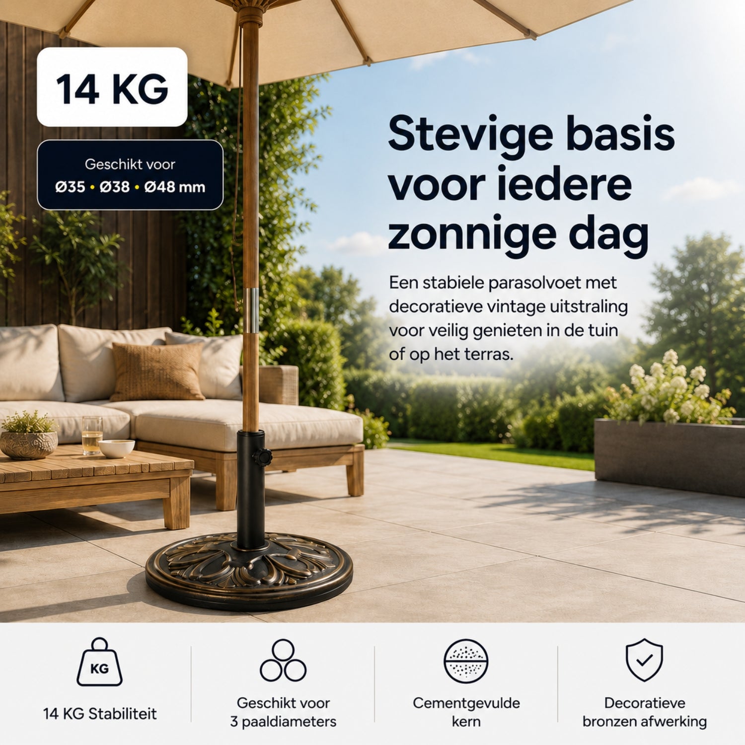 Klassieke parasolvoet in bronskleur – 14 kg, ø48 x 34 cm voor stevige ondersteuning