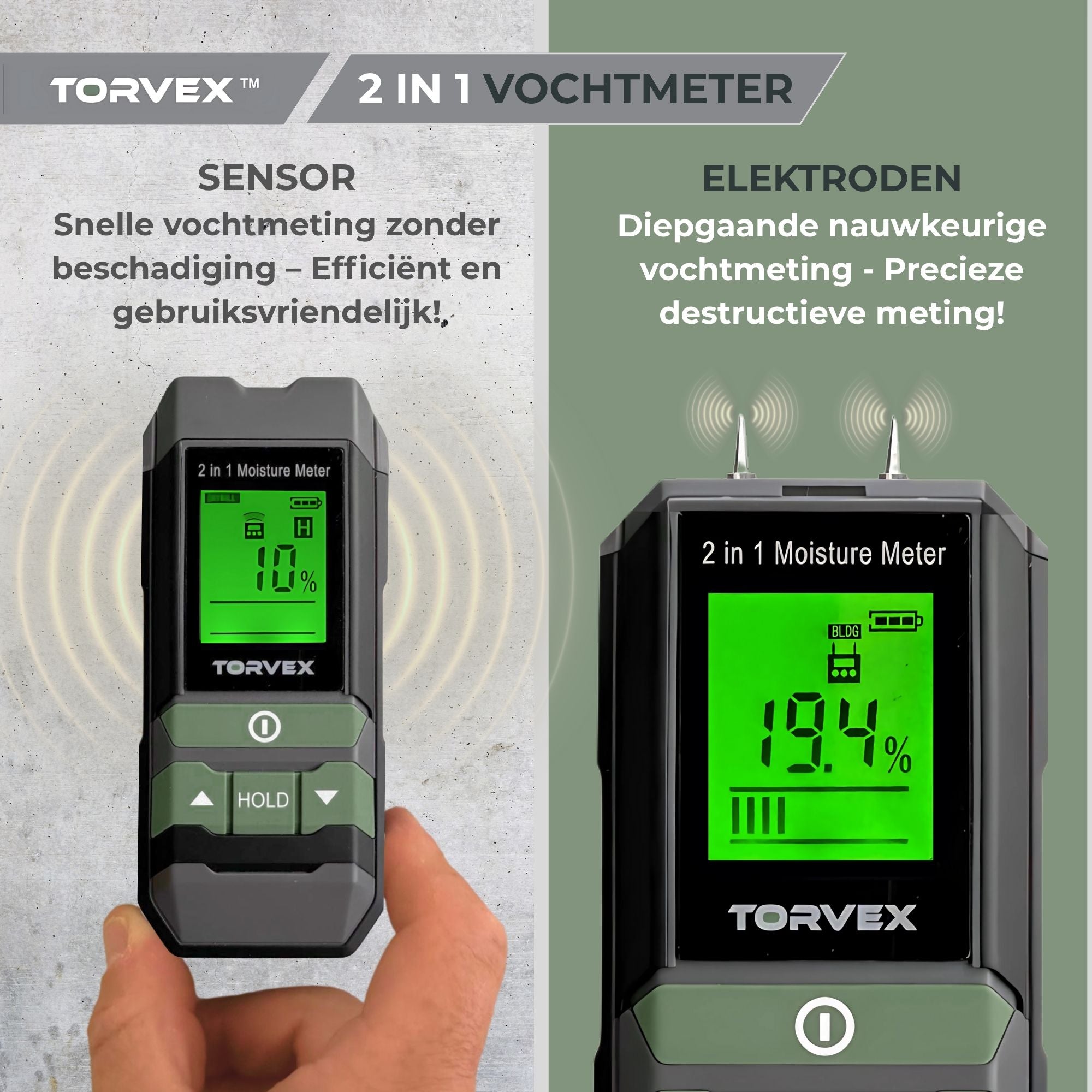 Torvex 3 in 1 digitale vochtmeter – Temperatuurmeter - Vochtmeter muren – Voor hout en bouwmaterialen – Incl. batterijen & opberghoes