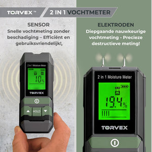 Torvex 3 in 1 digitale vochtmeter – Temperatuurmeter - Vochtmeter muren – Voor hout en bouwmaterialen – Incl. batterijen & opberghoes toont vochtmeter met sensor en elektroden