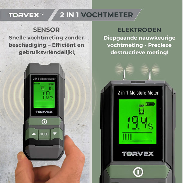 Torvex 3 in 1 digitale vochtmeter – Temperatuurmeter - Vochtmeter muren – Voor hout en bouwmaterialen – Incl. batterijen & opberghoes