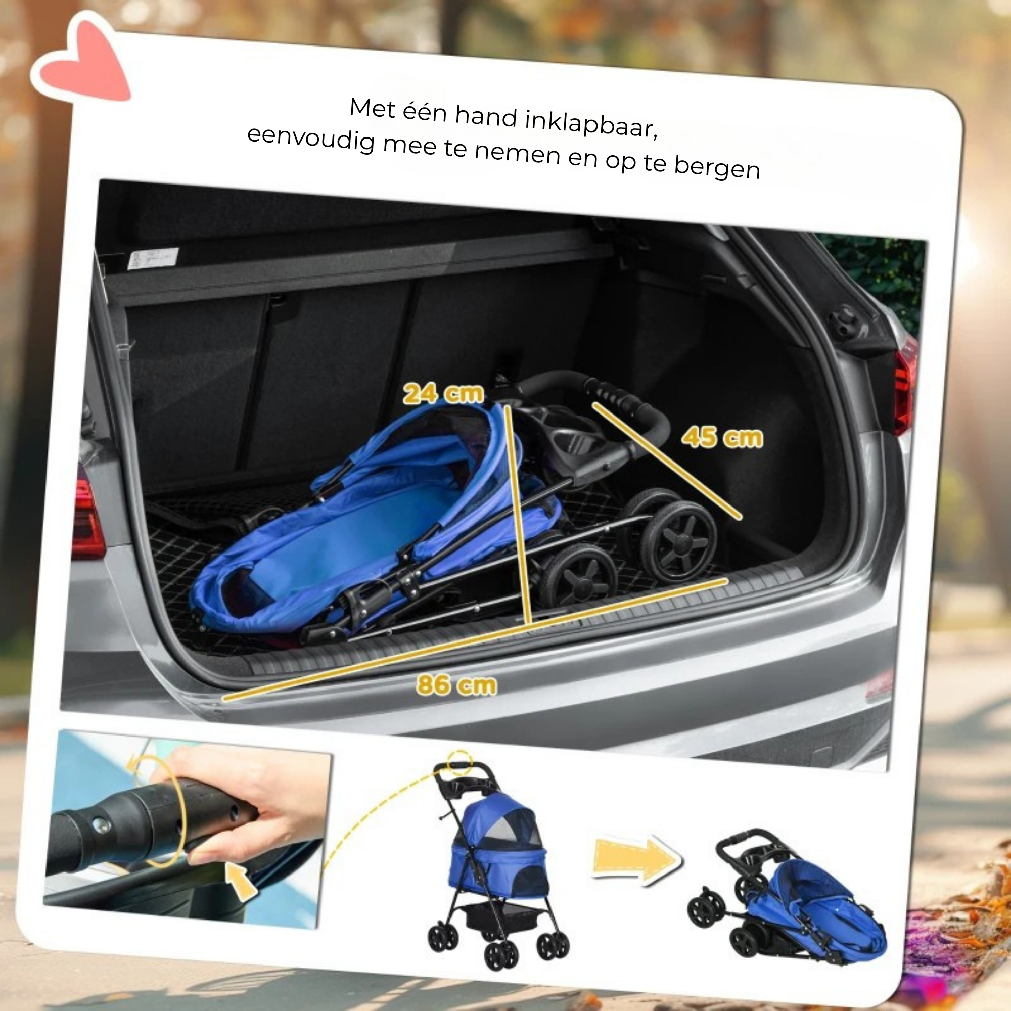 Hondenbuggy blauw opvouwbaar met opbergruimte en veilige parkeerrem