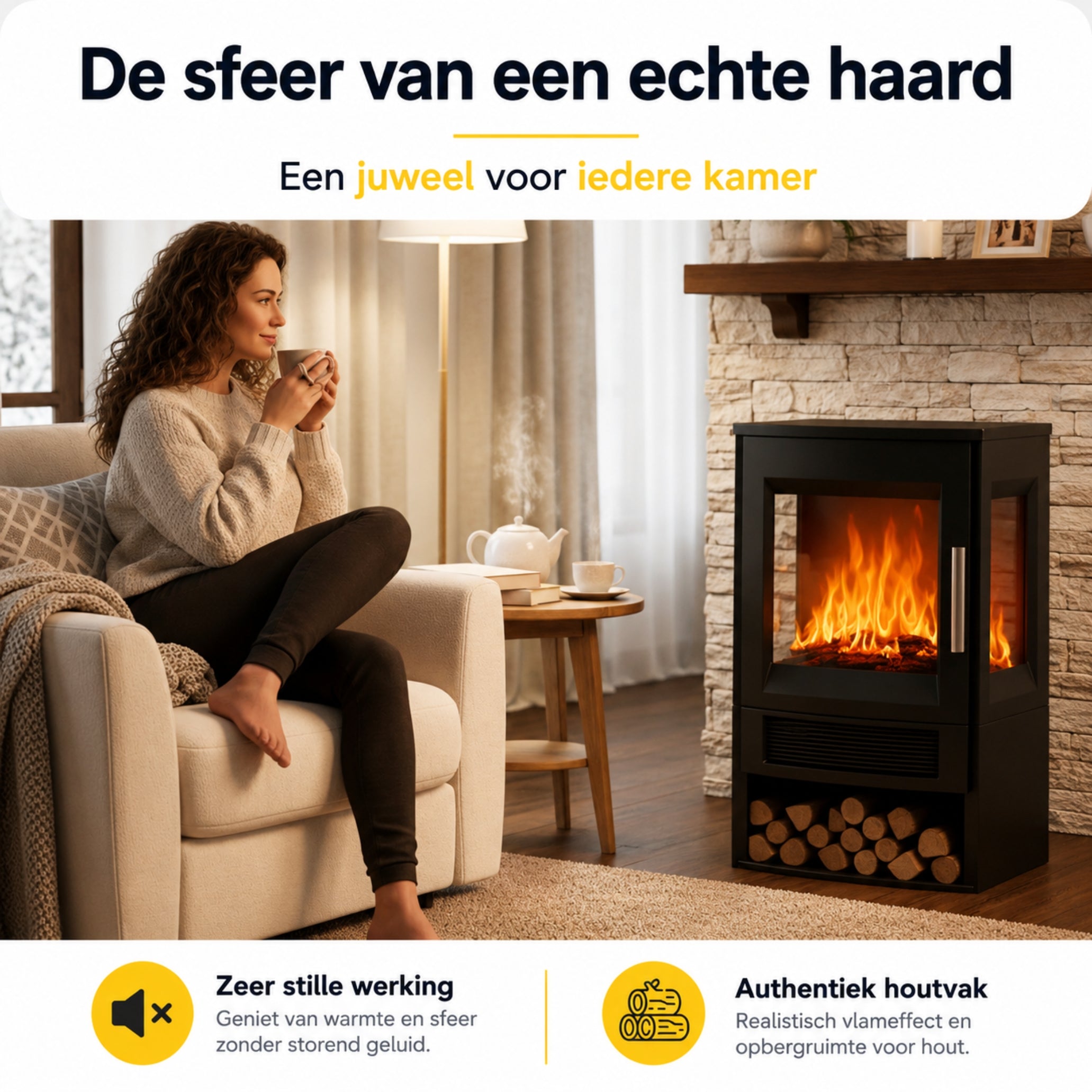 Zwarte elektrische sfeerhaard 1800W – met wifi-app en afstandsbediening | Zenzee