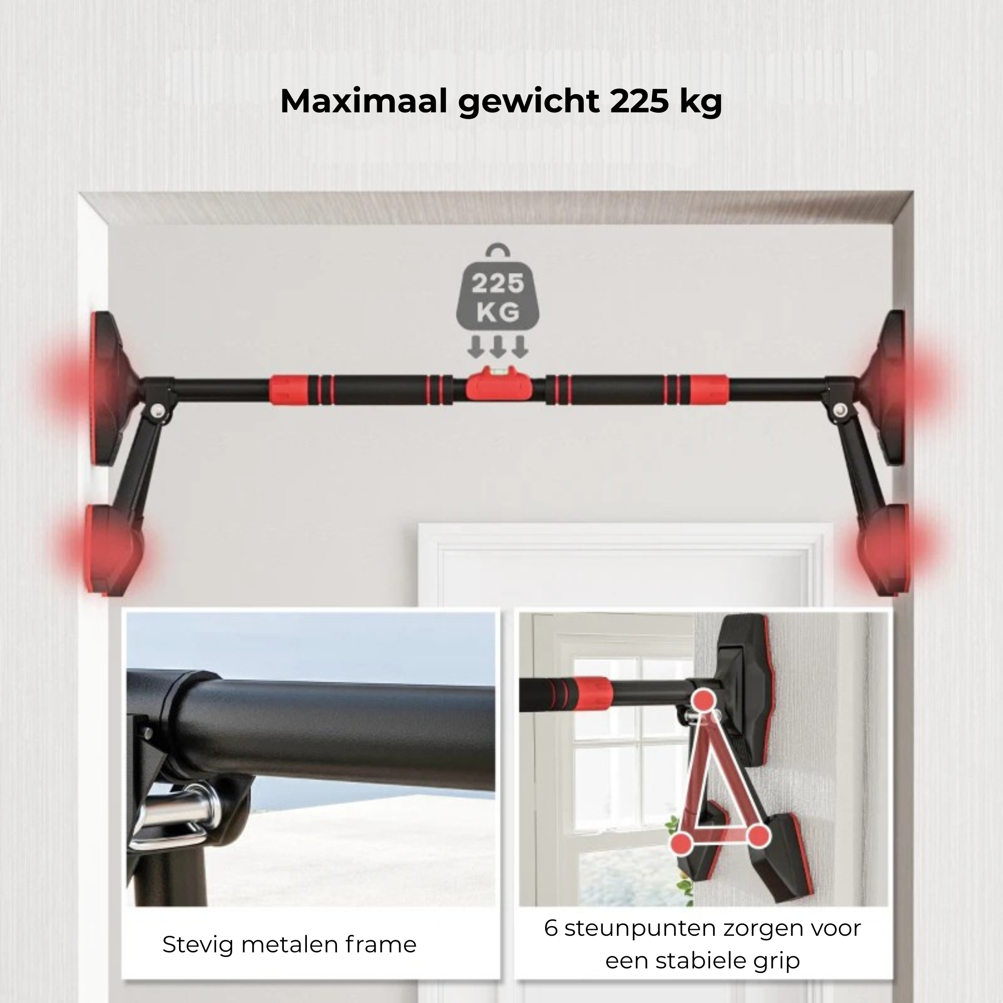 Heavy duty optrekstang multifunctioneel voor deurpost 80-110cm met stevig metalen frame en 6 steunpunten voor maximale stabiliteit