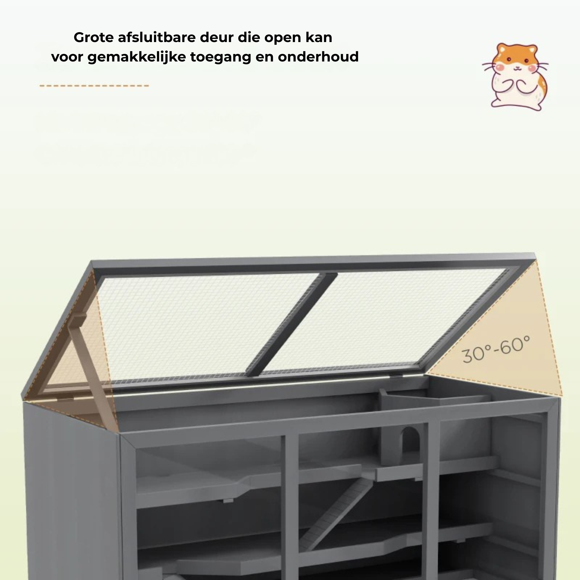 Hamsterkooi voor knaagdieren met extra ruimte in grijs 115x57x55 cm met grote afsluitbare deur voor eenvoudig onderhoud