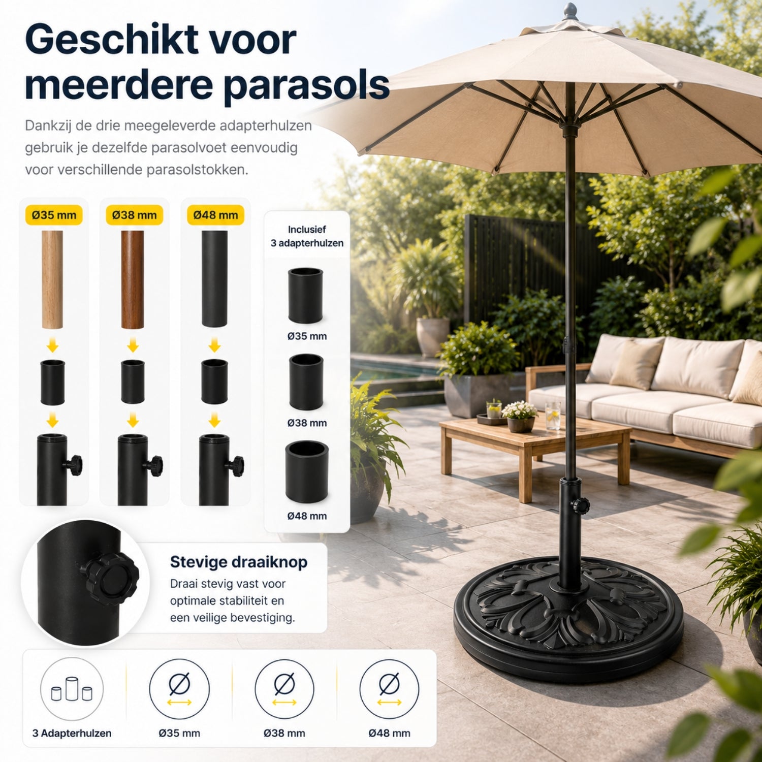 Stevige parasolvoet 14 kg ø48 cm zwart voor compacte en stabiele ondersteuning