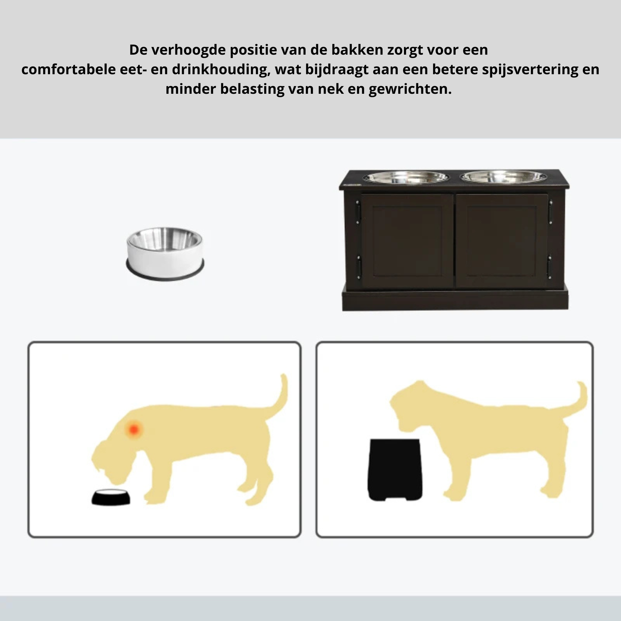Hondenvoerbak met opbergruimte van MDF en RVS in bruin houtdesign