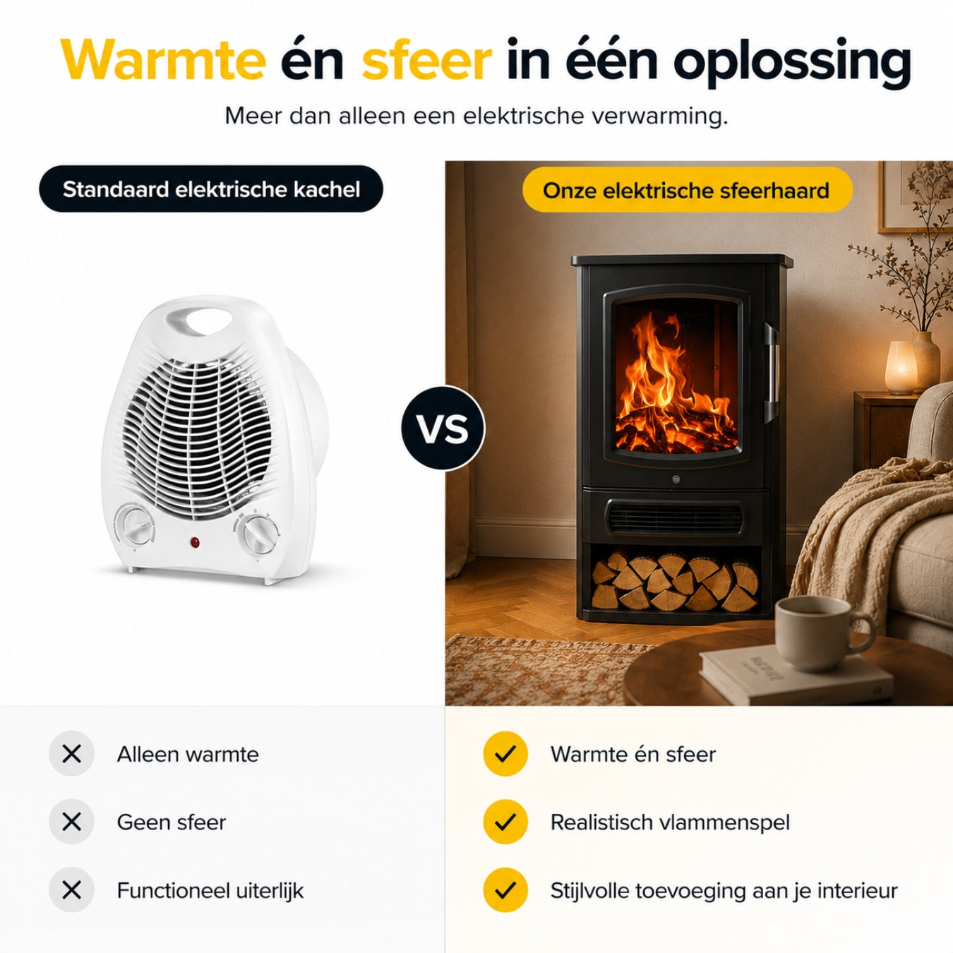 Vrijstaande elektrische sfeerhaard zwart – 2000W met realistisch vlameffect | Zenzee